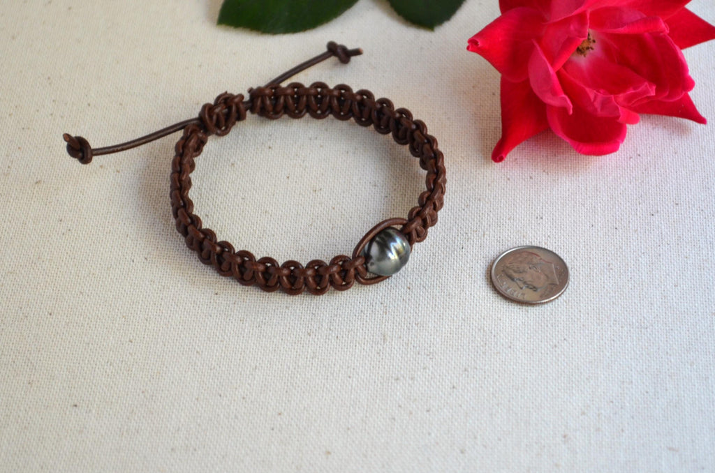 Adjustable Tahitian Pearl Bracelet: Greek Chocolate Brown Leather Bohemian Jewelry for Her