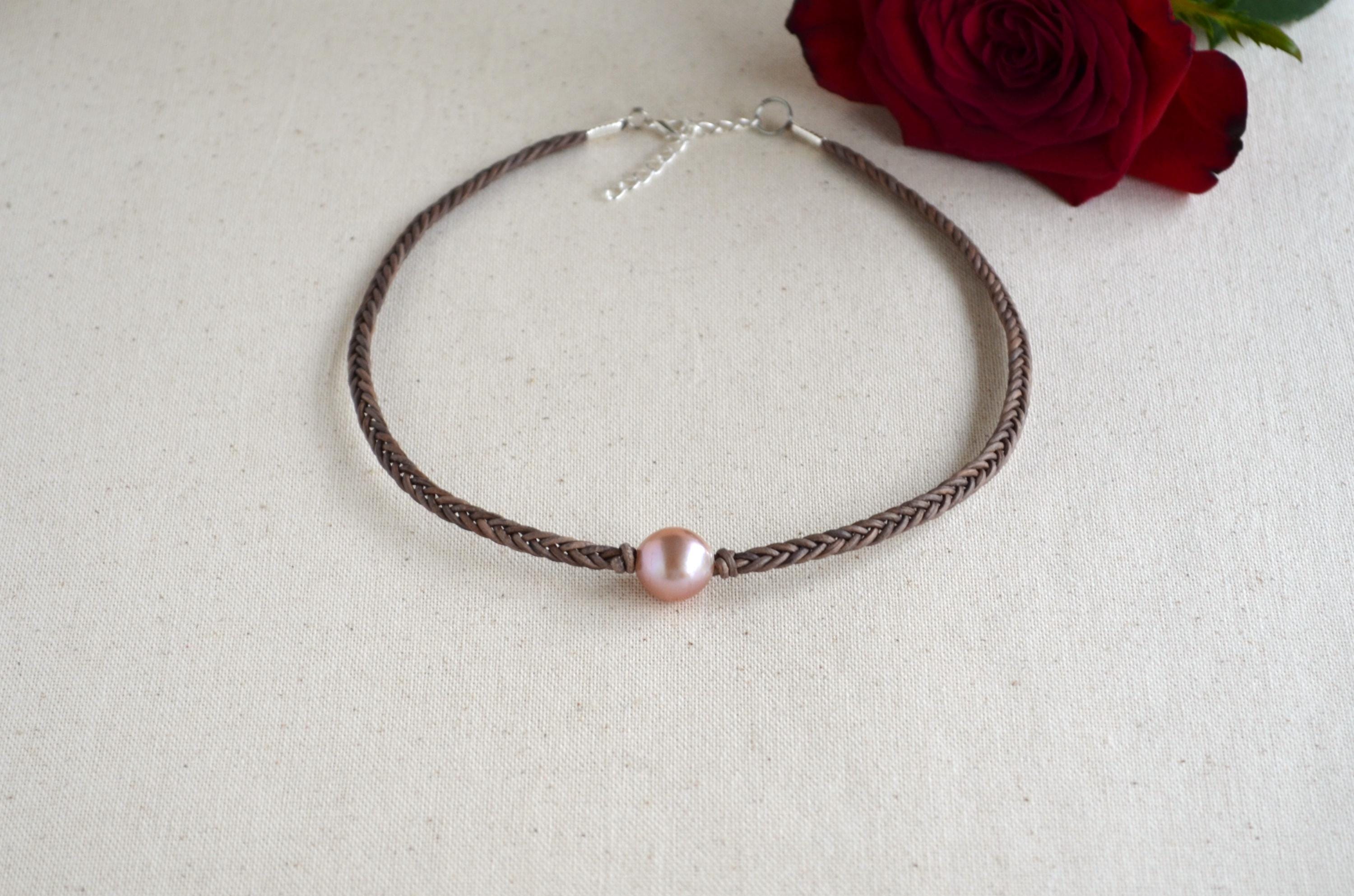 Hand Braided Leather Choker, Pink Edison Pearl Short Necklace