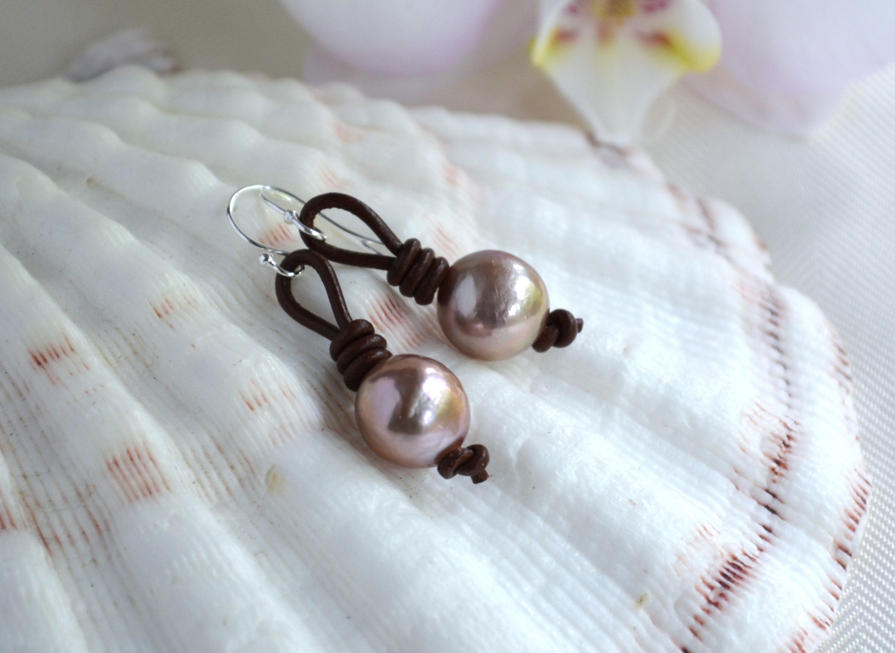 Edison Pearl Drop Earrings: Pink Freshwater Pearls, Sterling Silver & Leather