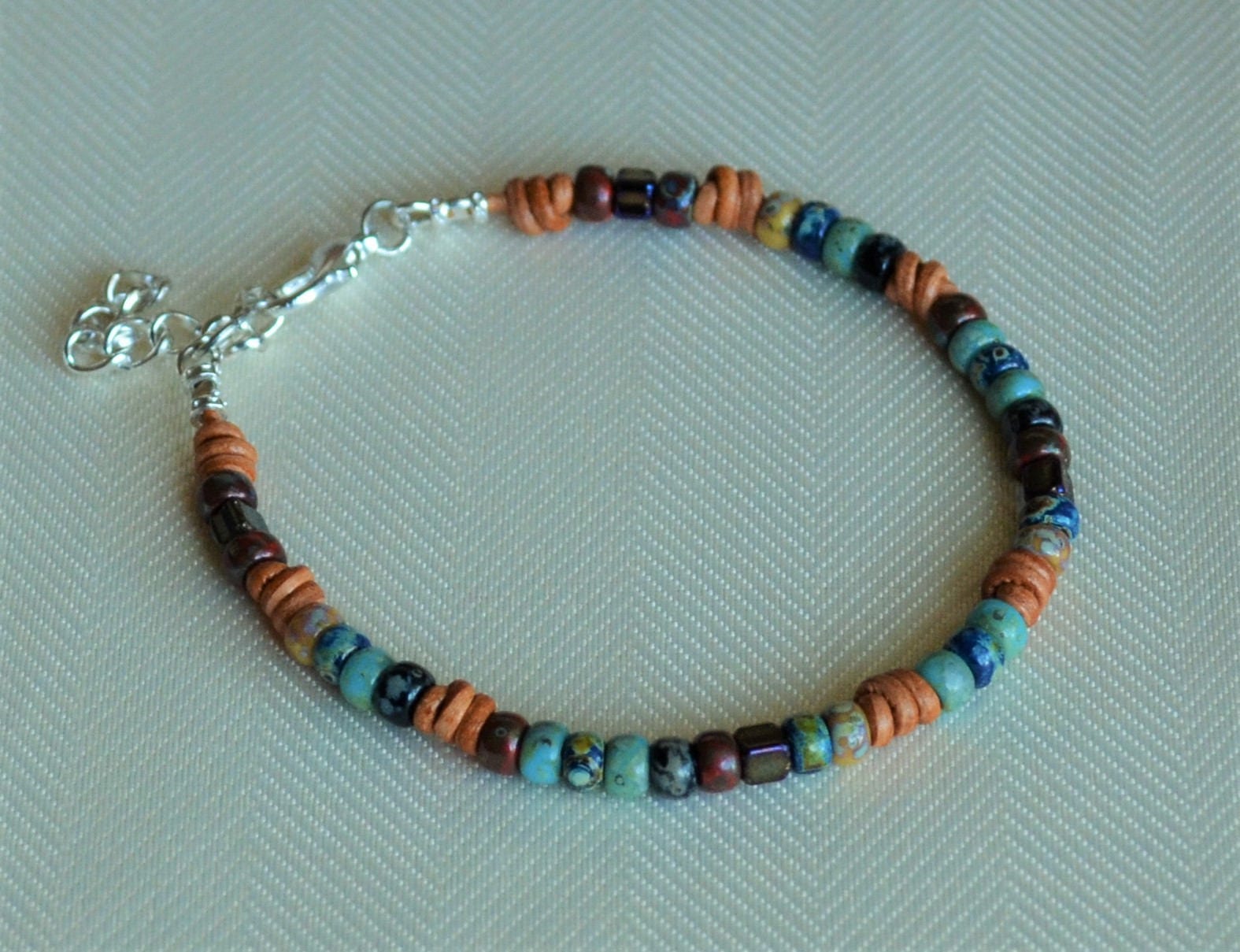 Picasso Czech Bead Leather Bracelet: Knotted Boho Jewelry