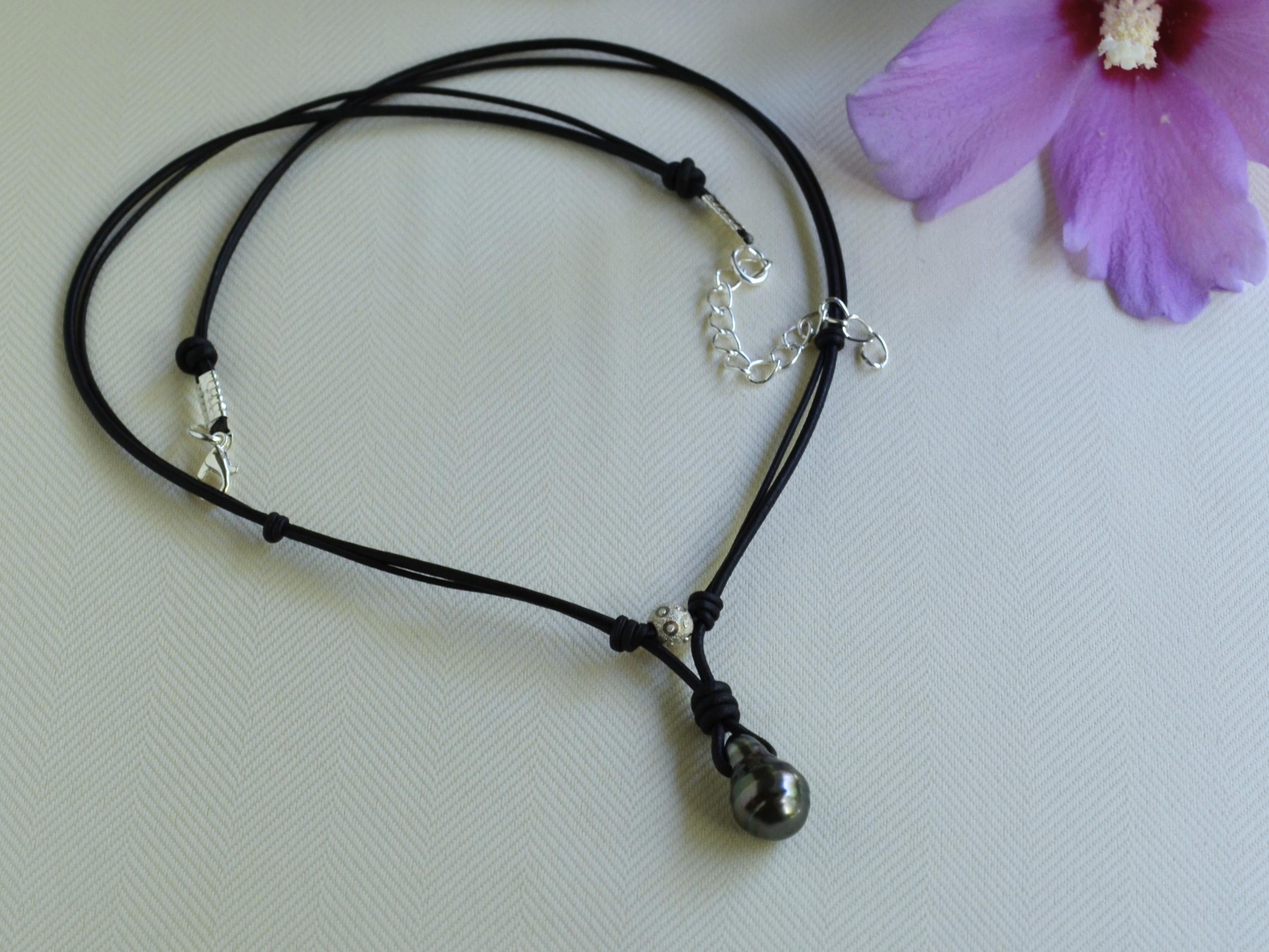 Tahitian Pearl Leather Necklace: Sterling Silver Accent, Elegant Gift