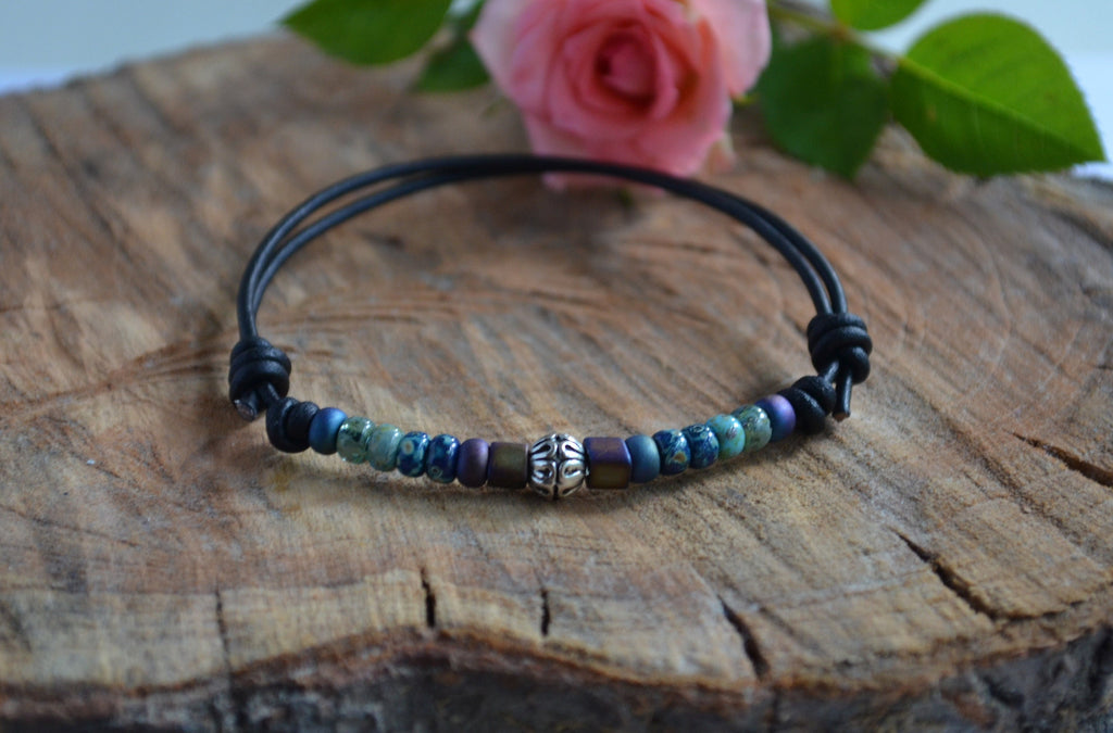 Unisex Picasso Czech Beaded Bracelet, Knotted Leather Bracelet for Him Her