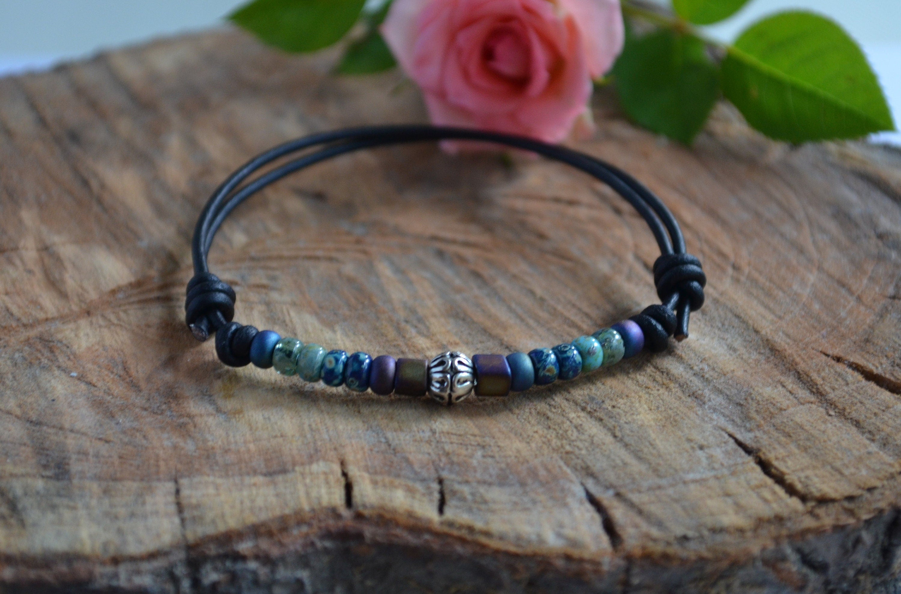 Unisex Picasso Czech Beaded Bracelet, Knotted Leather Bracelet for Him Her