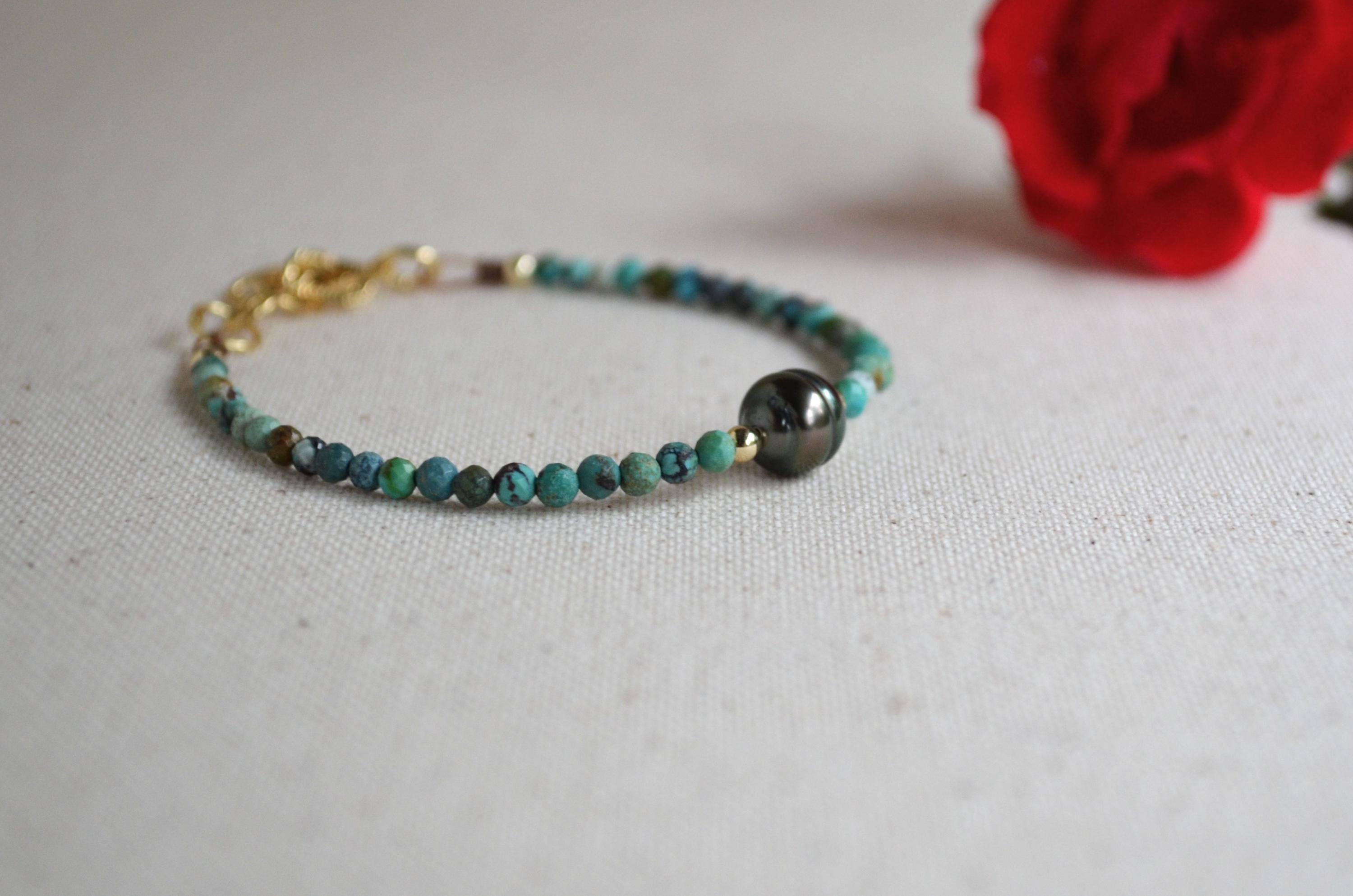 Tahitian Pearl Bracelet, Gold Filled Turquoise Beaded Jewelry