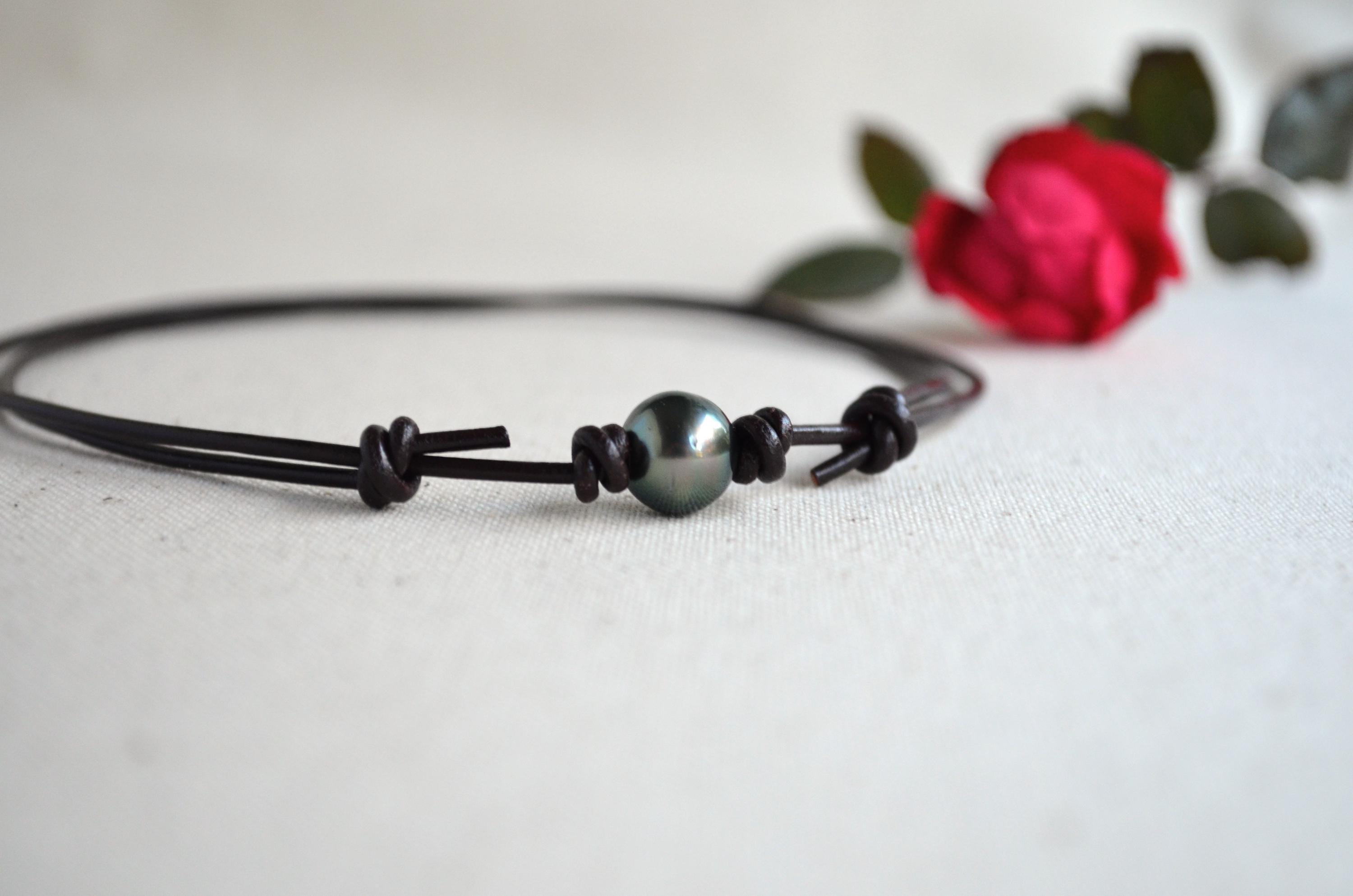 Tahitian Pearl Choker, Adjustable Brown Leather Necklace