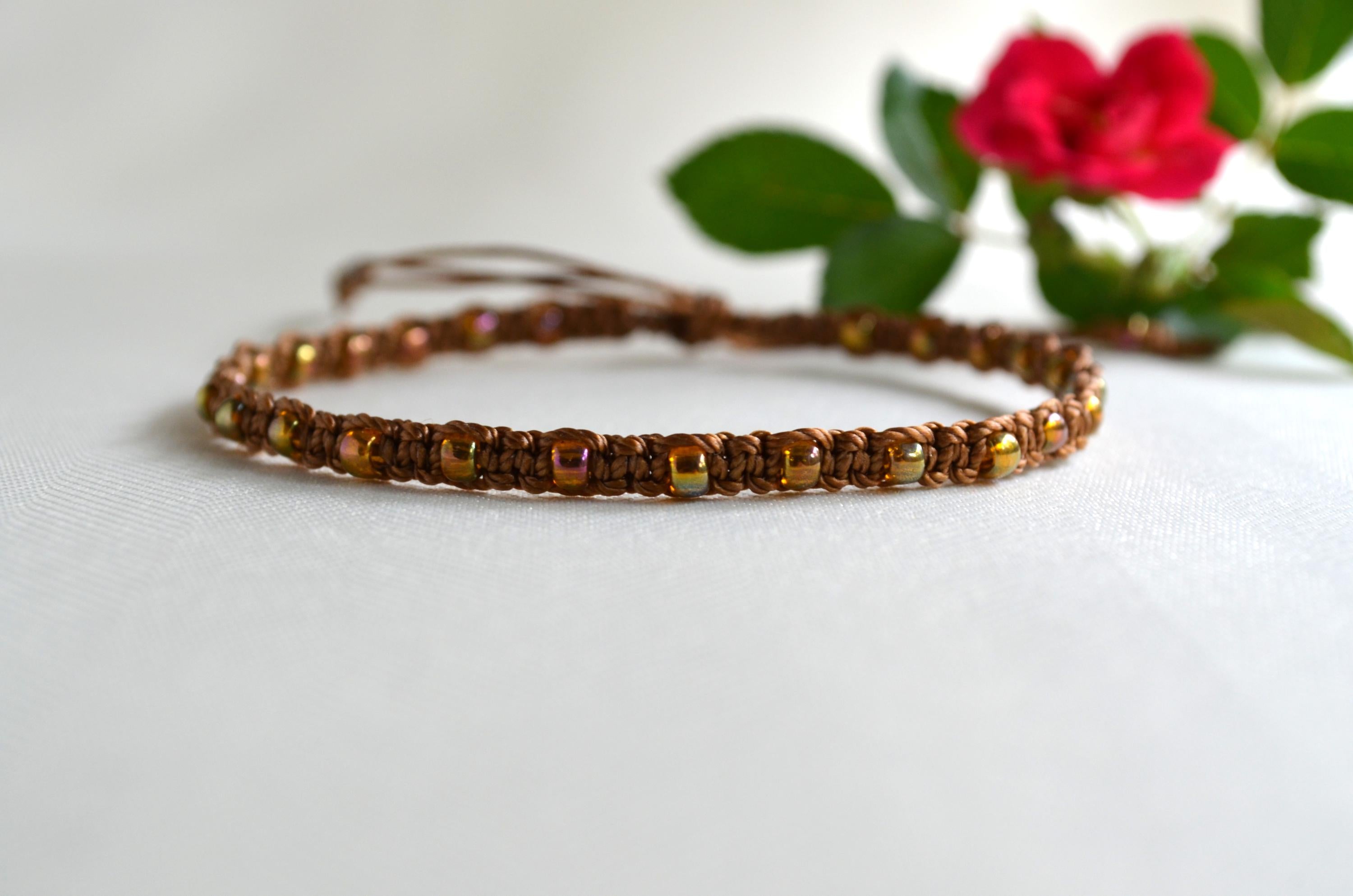 Macrame Boho Anklet: Czech Glass Beads, Adjustable Fit