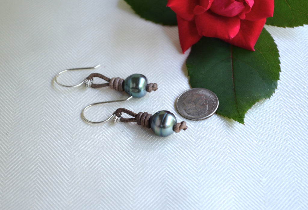 Tahitian Pearl Earrings: Sterling Silver, Brown Leather, Elegant Jewelry