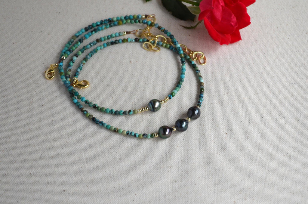 Tahitian Pearl Bracelet, Gold Filled Turquoise Beaded Jewelry