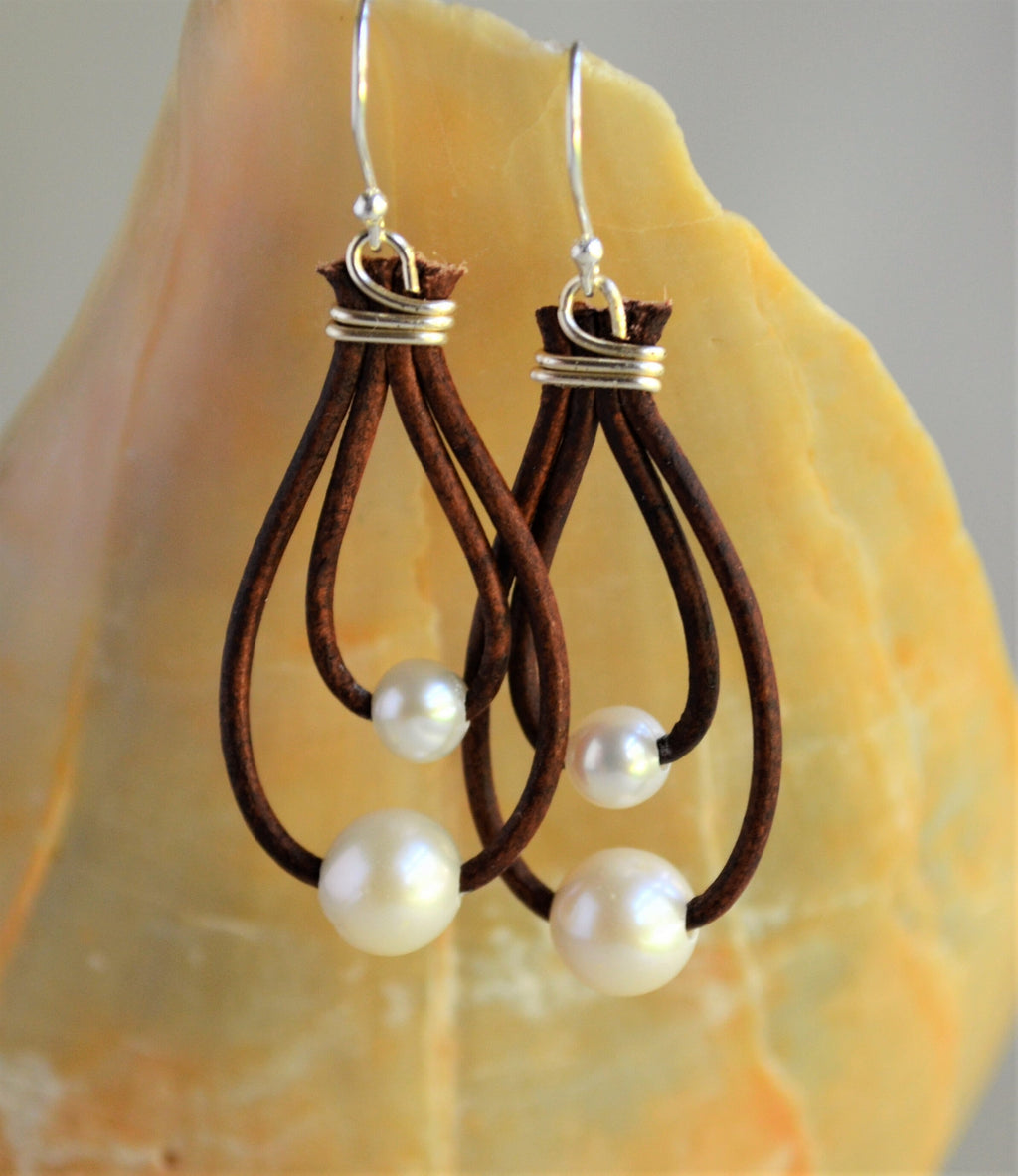 Freshwater Pearl Leather Earrings: Sterling Silver Hooks