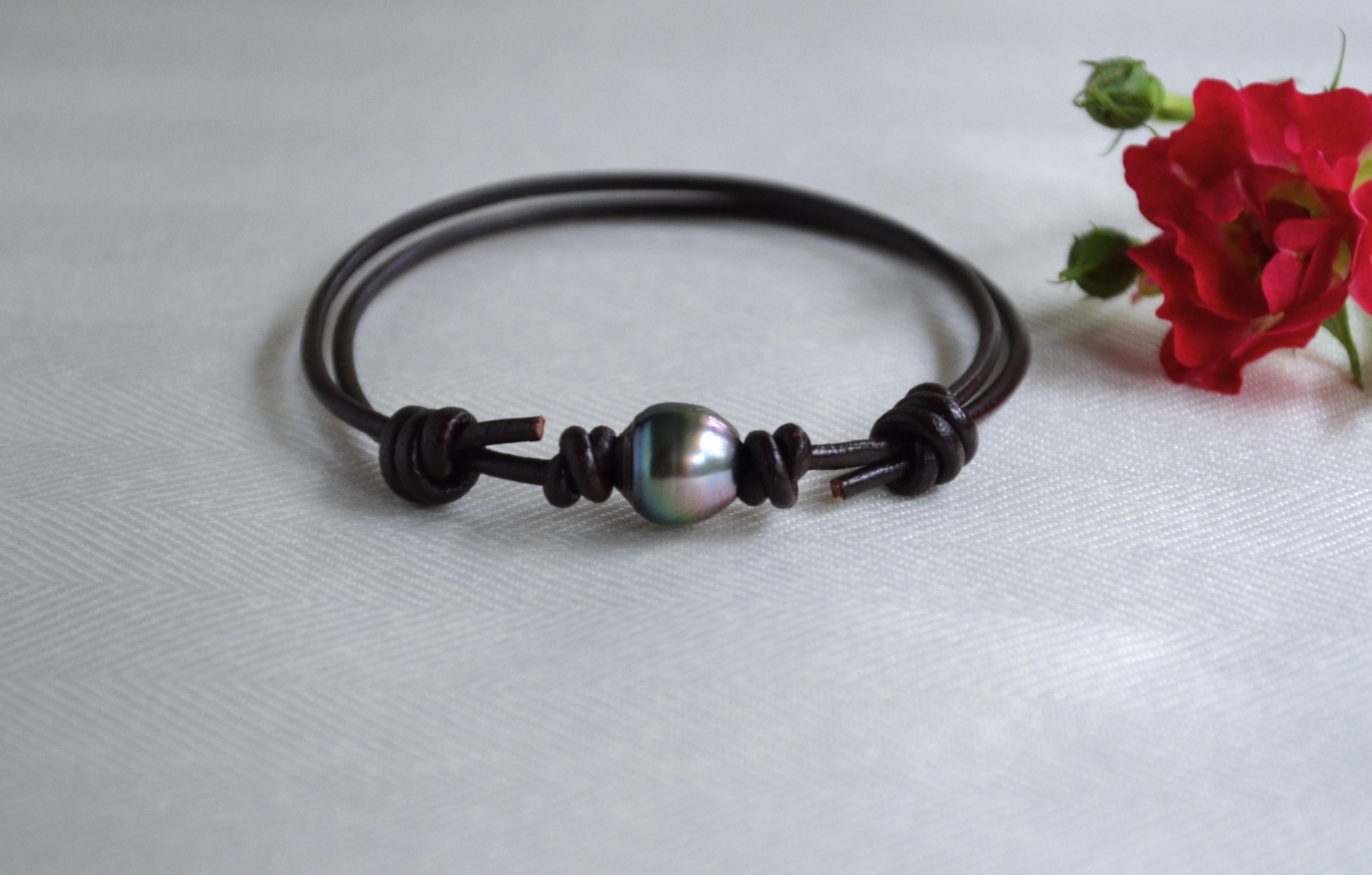 Tahitian Pearl Bracelet: Brown Greek Leather, Adjustable Unisex Jewelry