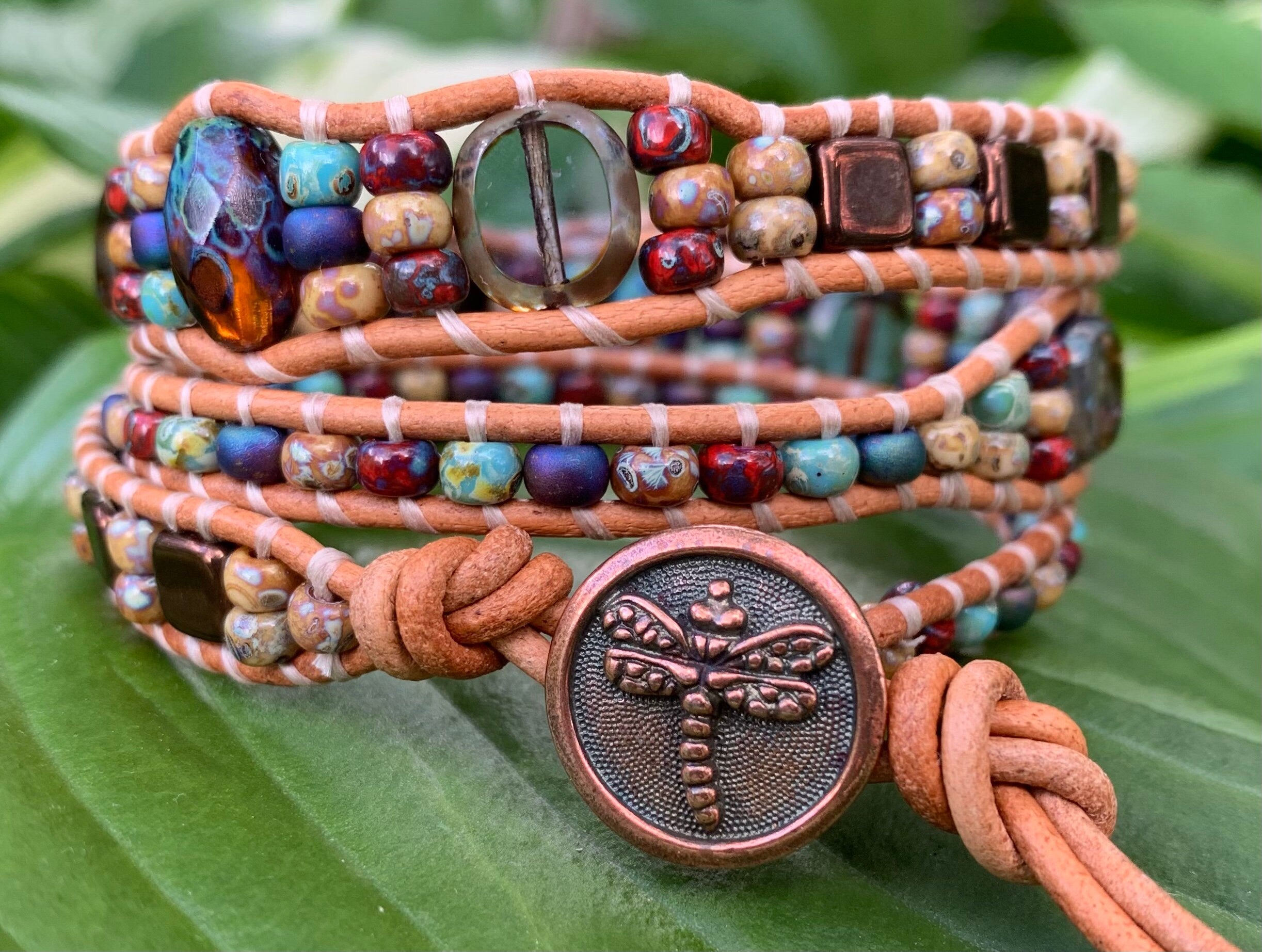 Dragonfly Beaded Leather Wrap Bracelet, Czech Glass Three Wrap