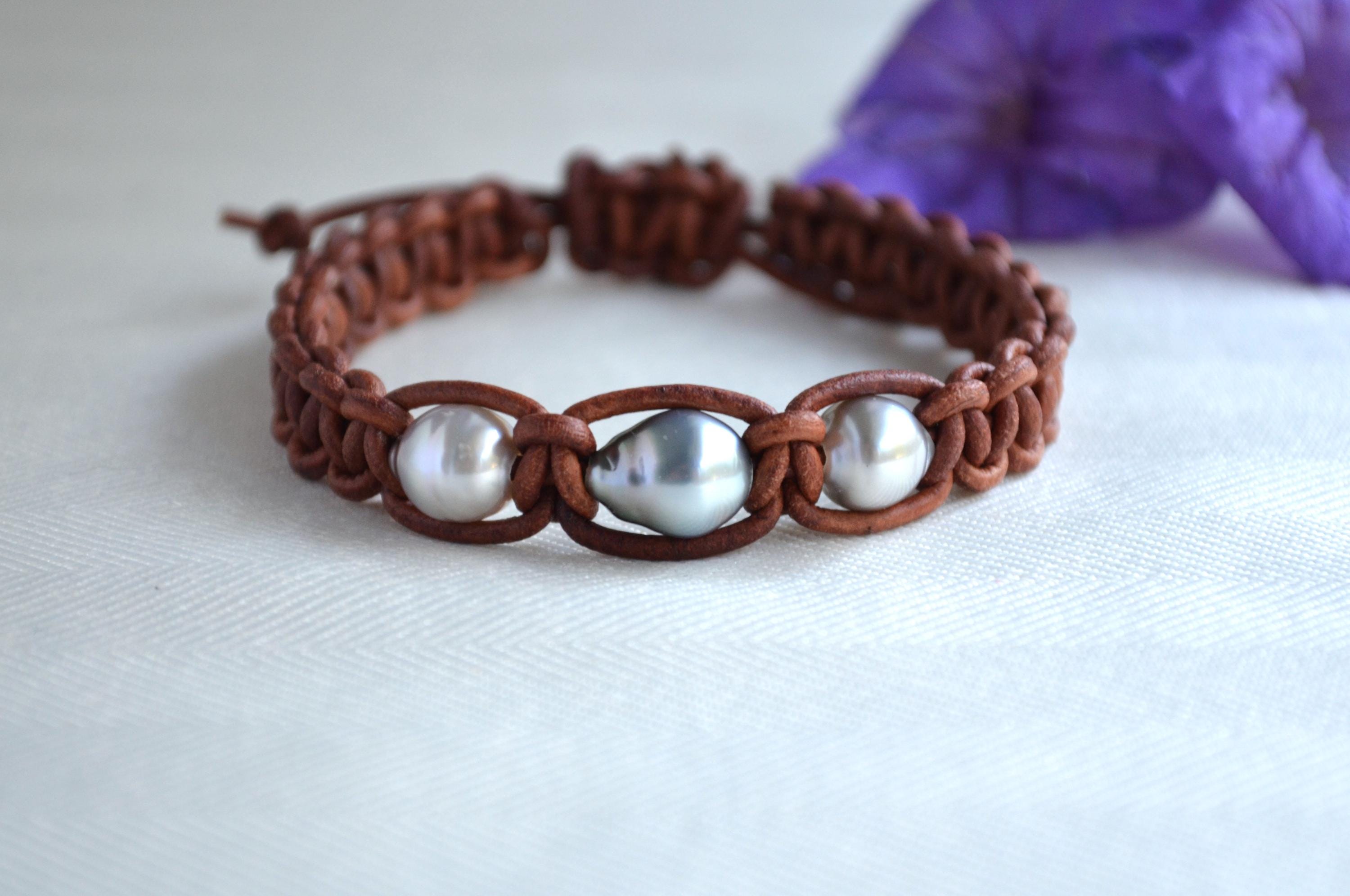Tahitian Pearl Bracelet: Brown Leather Adjustable Bracelet Unisex