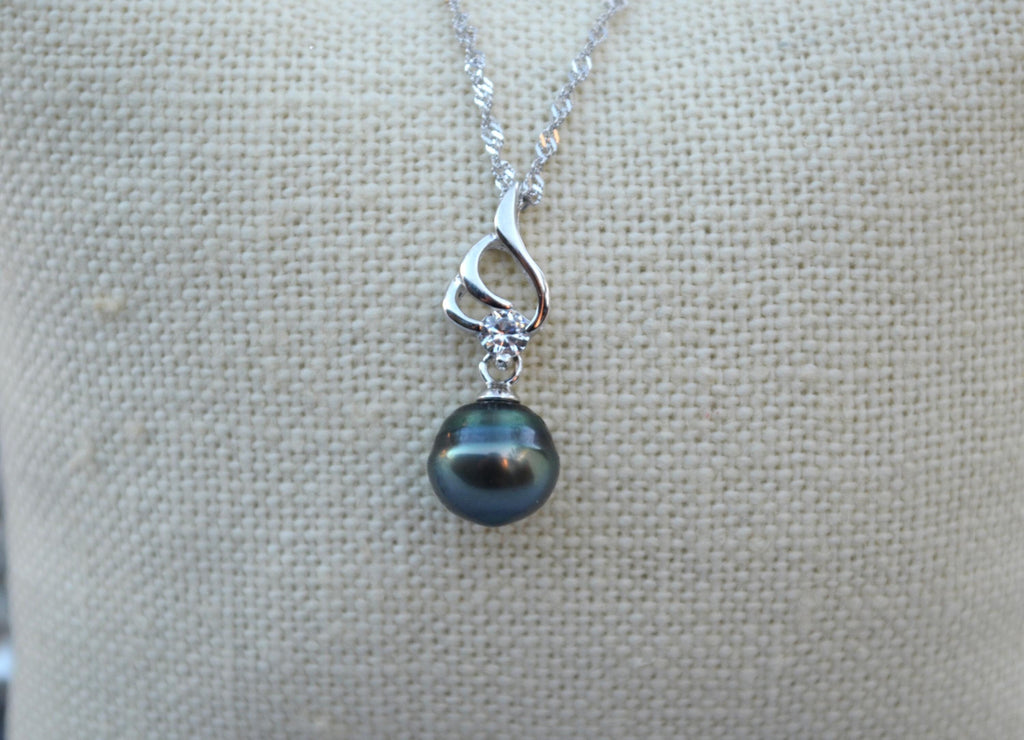Tahitian Pearl Necklace: Sterling Silver Pendant, Cubic Zirconia Accent