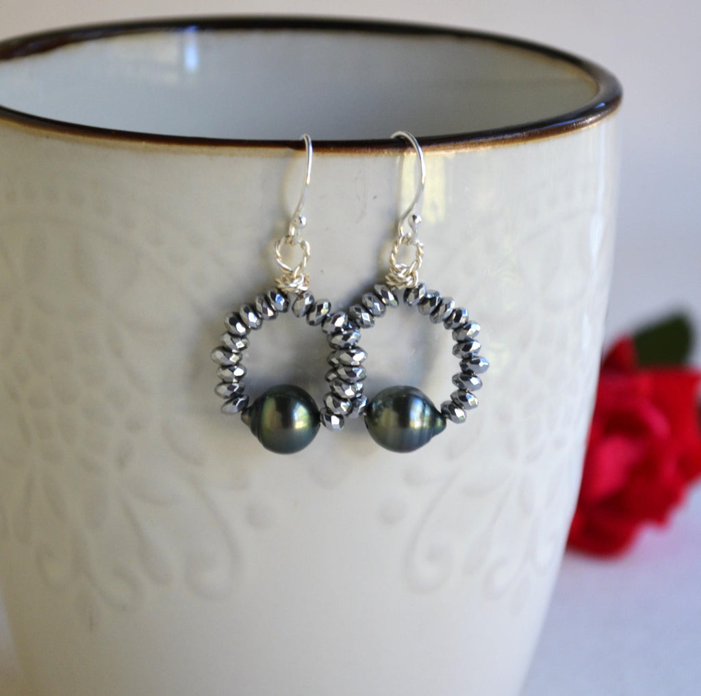Tahitian Pearl and Hematite Earrings on Sterling Silver French Ear Wires Gift for Her