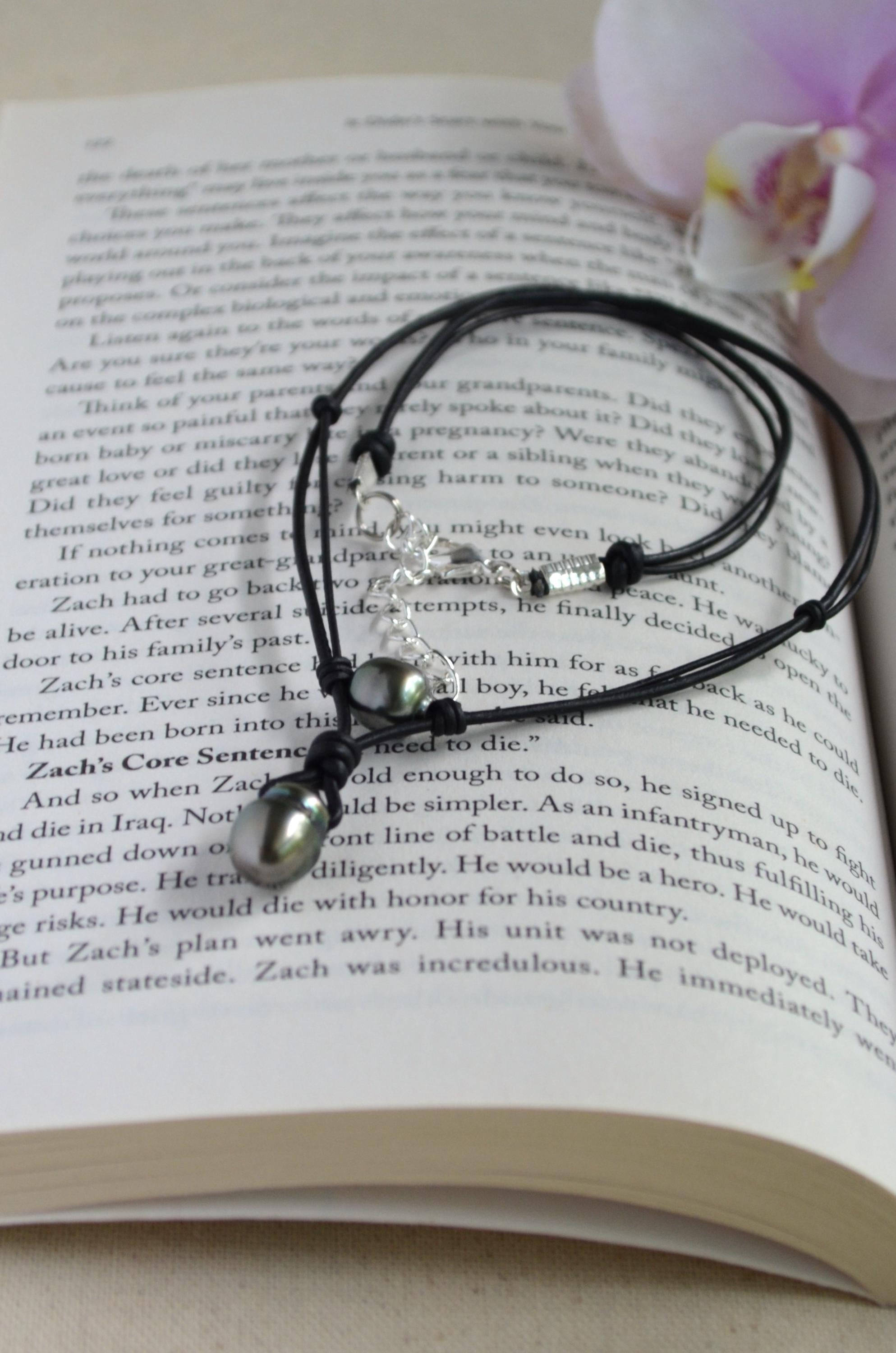 Genuine Tahitian Pearl Leather Necklace: Modern Minimalist Pendant Jewelry