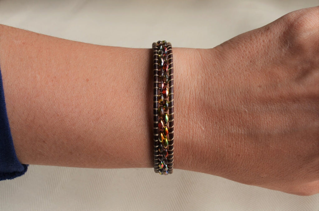 Hummingbird Leather Wrap Bracelet: Czech Glass Boho Cuff