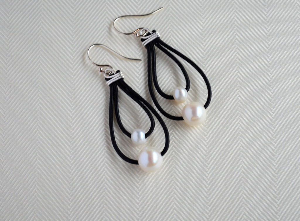 Freshwater Pearl Leather Earrings: Sterling Silver Hooks