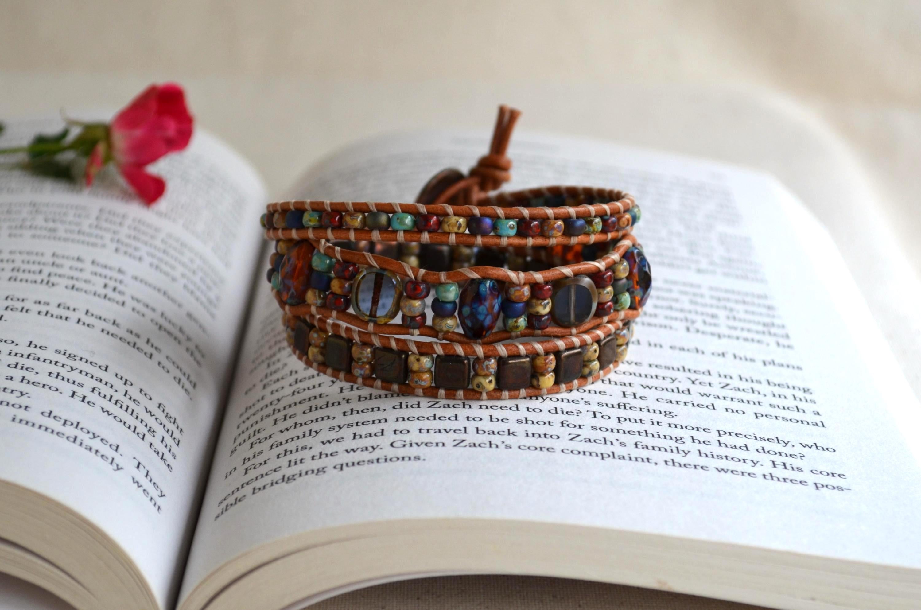 Dragonfly Beaded Leather Wrap Bracelet, Czech Glass Three Wrap