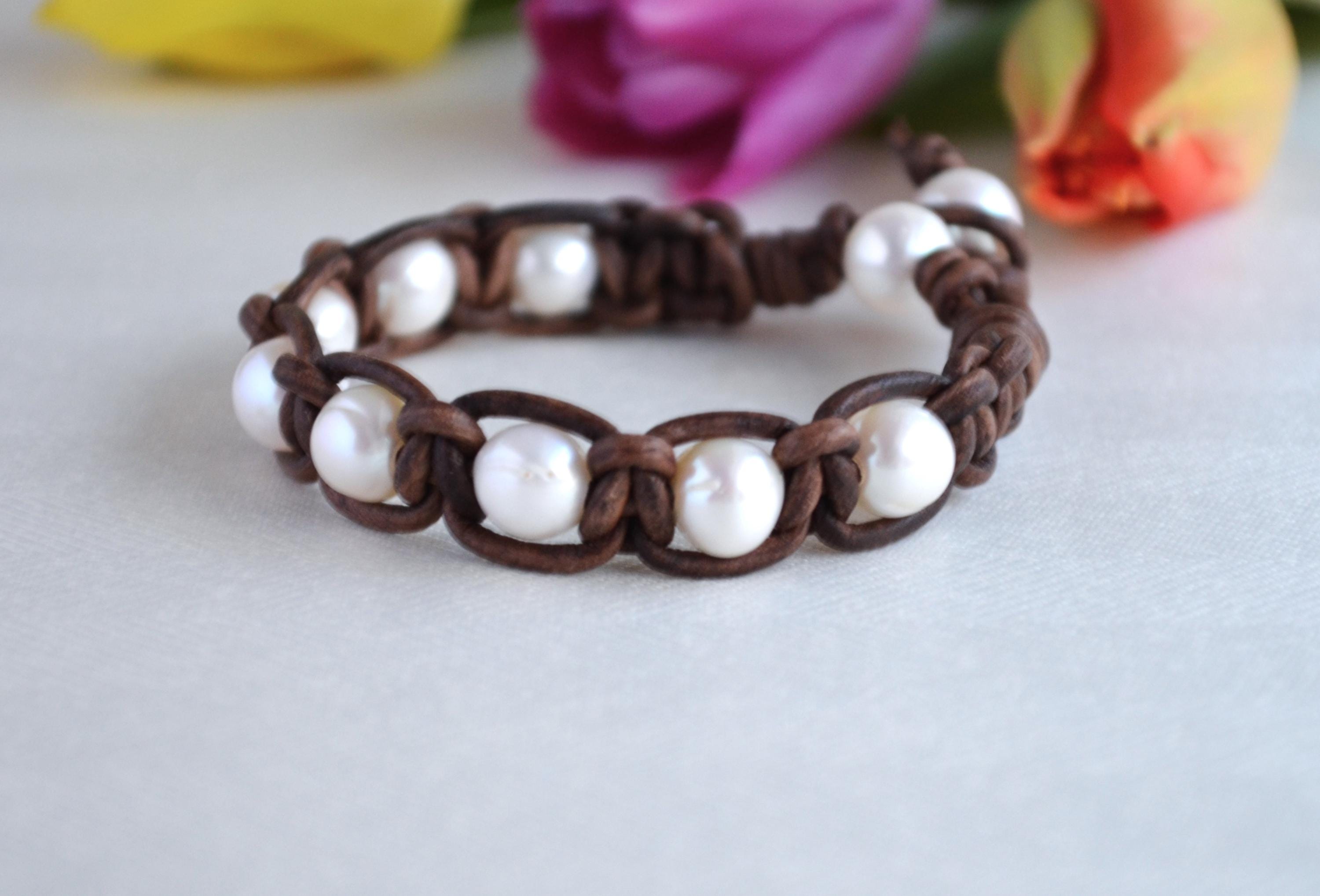 White Freshwater Pearl Leather Bracelet: Handmade Boho Chic Jewelry
