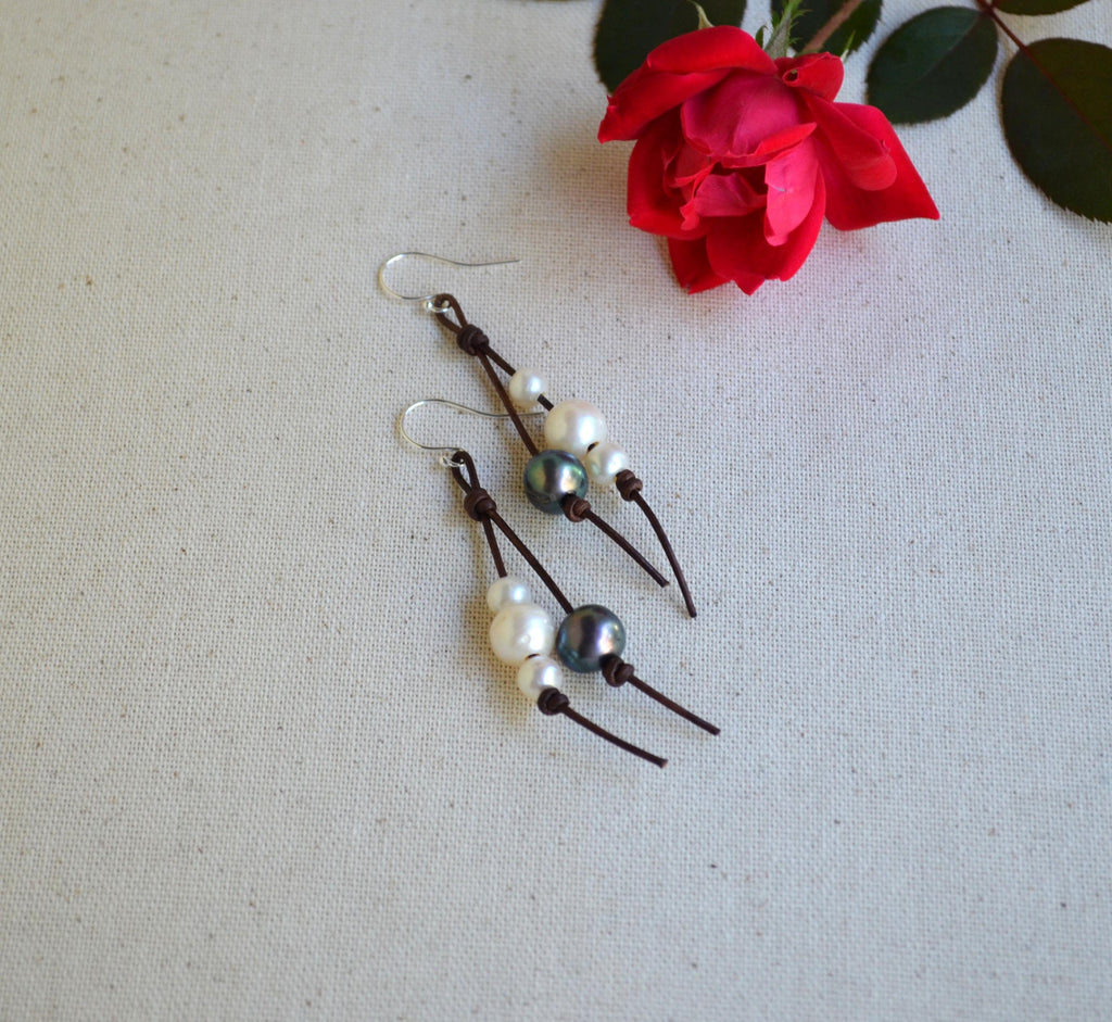 Handmade Freshwater Pearls on Leather Earrings, Sterling Silver French Wires