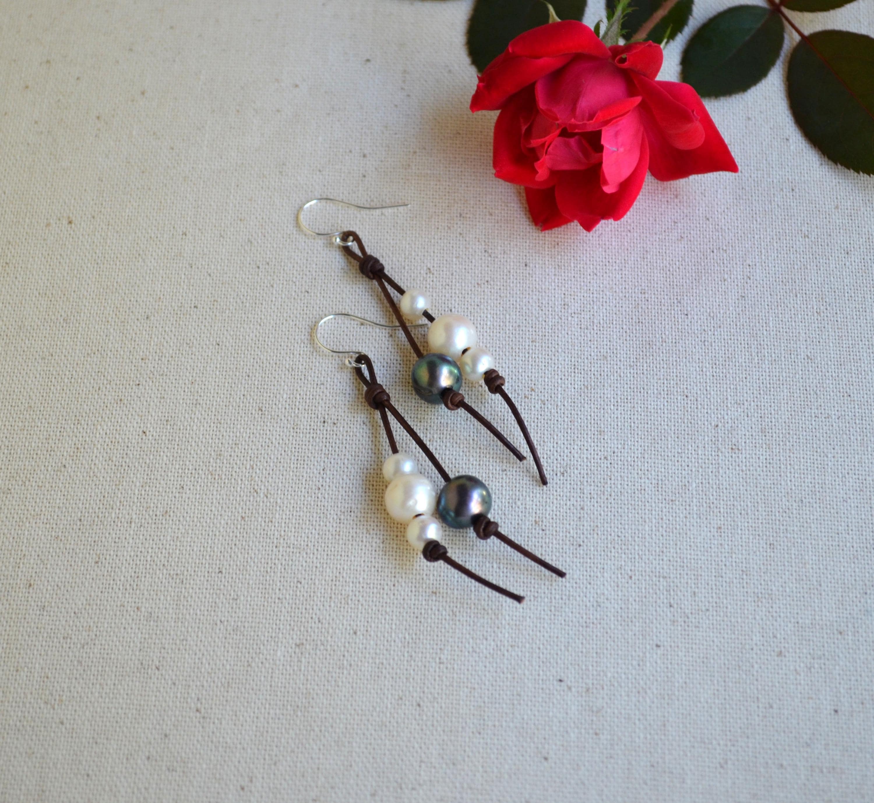 Handmade Freshwater Pearls on Leather Earrings, Sterling Silver French Wires
