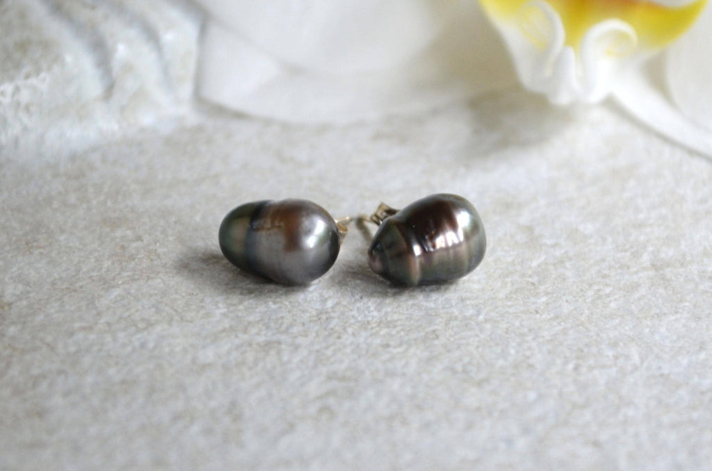 Tahitian Pearl Stud Earrings: Baroque Sterling Silver Jewelry