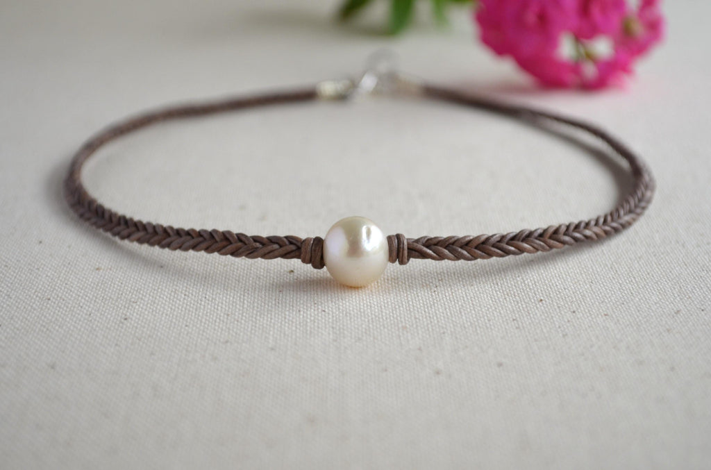 White Edison Pearl Necklace on Braided Leather | 12–13 mm Large Pearl