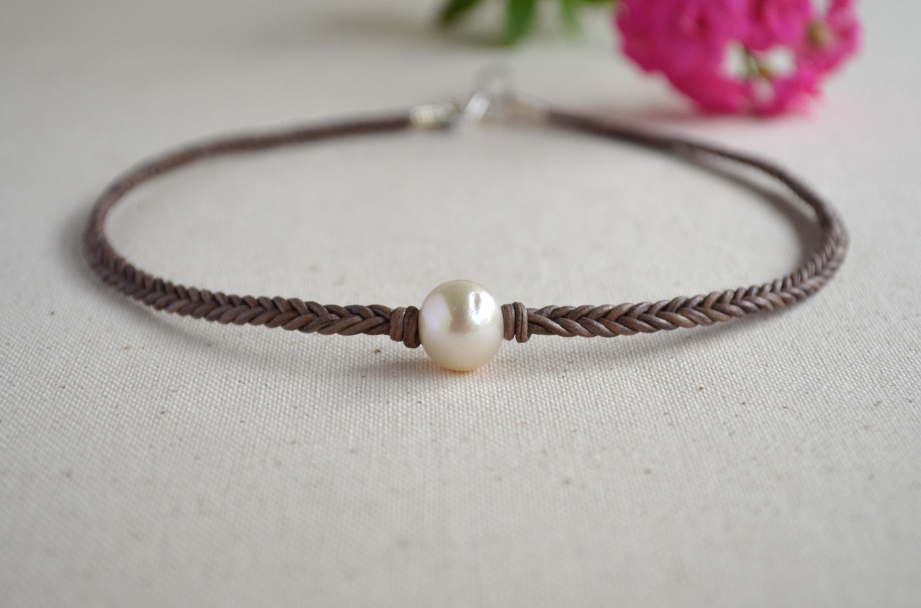 White Edison Pearl Necklace on Braided Leather | 12–13 mm Large Pearl
