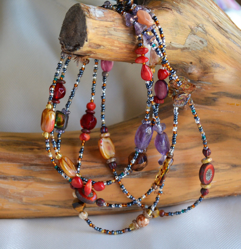 Boho Gemstone Lariat Necklace: Red Coral, Pearl & Abalone