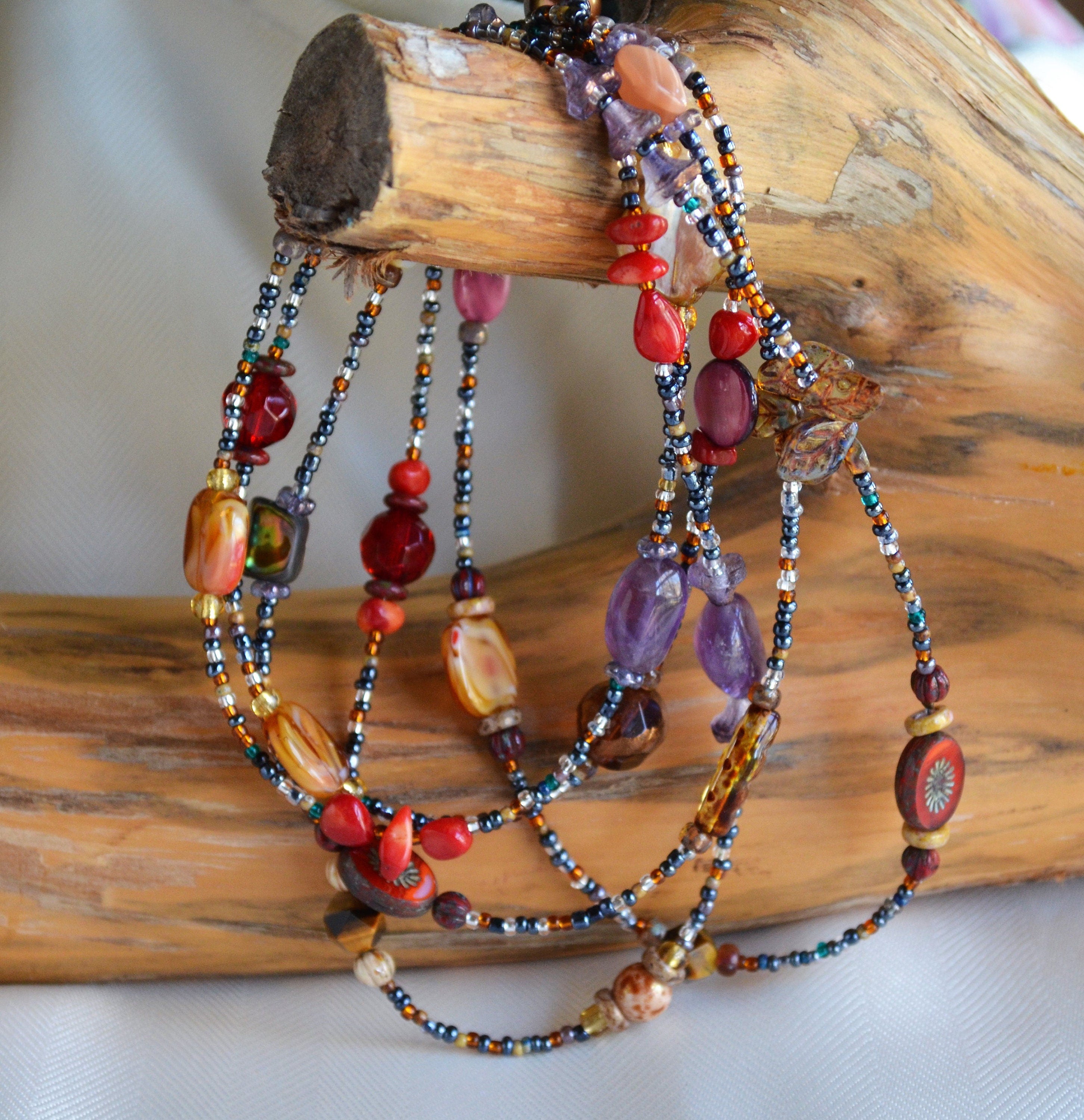 Boho Gemstone Lariat Necklace: Red Coral, Pearl & Abalone
