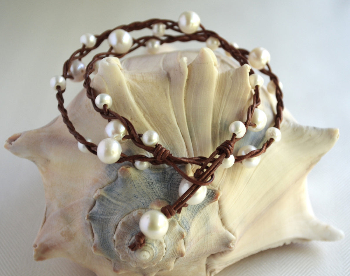 Braided Leather Necklace: White Freshwater Pearls, Boho Chic