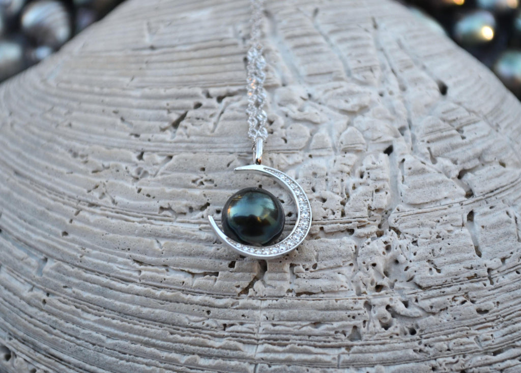 Tahitian Pearl Necklace: Sterling Silver Crescent Moon Pendant, CZ Accents