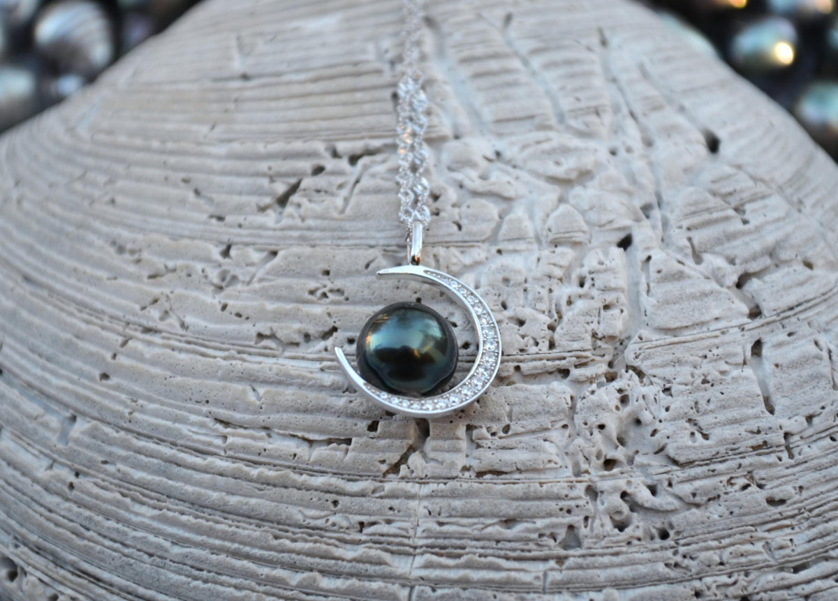 Tahitian Pearl Necklace: Sterling Silver Crescent Moon Pendant, CZ Accents
