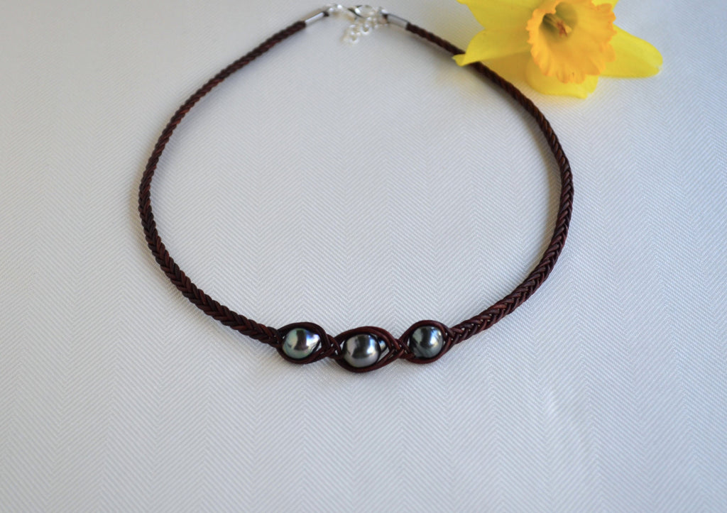 Three Tahitian Pearl Necklace: Braided Leather, Elegant Jewelry