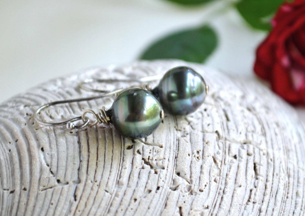 Tahitian Pearl Dangle Earrings: Sterling Silver, Handmade Jewelry