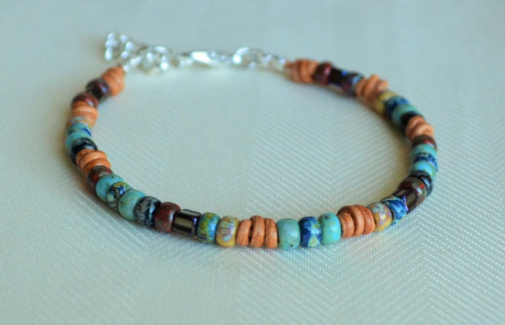 Picasso Czech Bead Leather Bracelet: Knotted Boho Jewelry
