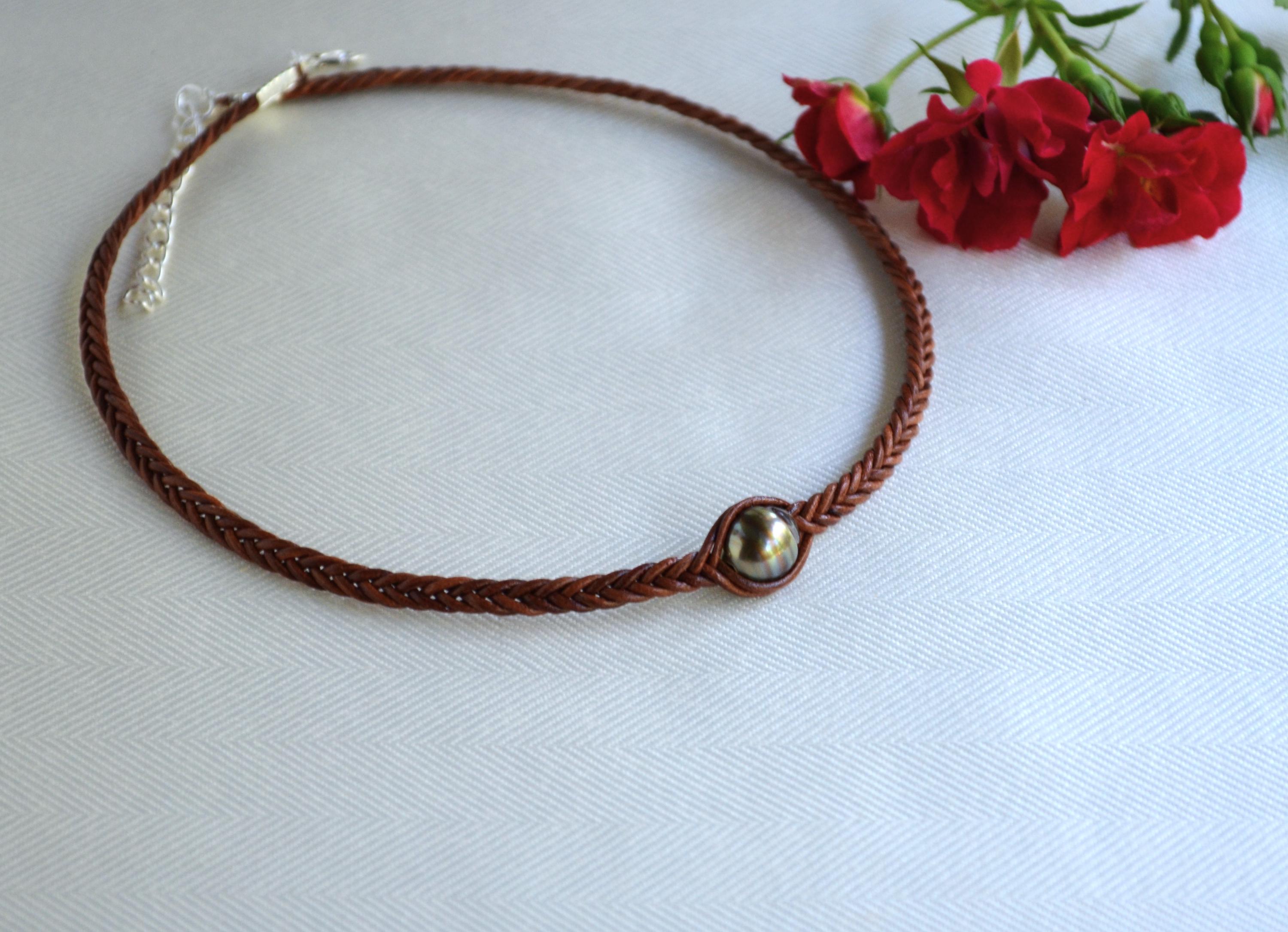 Chocolate Tahitian Pearl Choker: Braided Leather Necklace