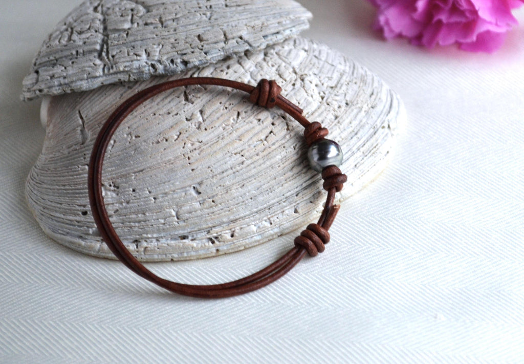 Tahitian Pearl Bracelet: Light Brown Greek Leather, Adjustable