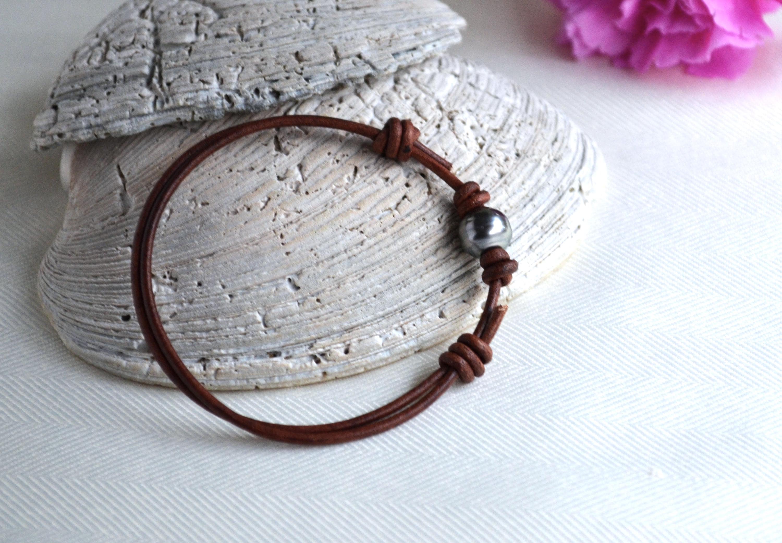 Tahitian Pearl Bracelet: Light Brown Greek Leather, Adjustable