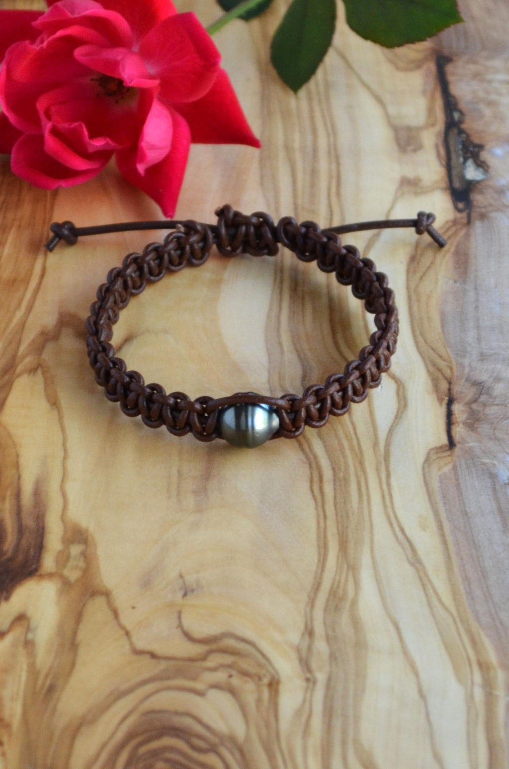 Adjustable Tahitian Pearl Bracelet: Greek Chocolate Brown Leather Bohemian Jewelry for Her