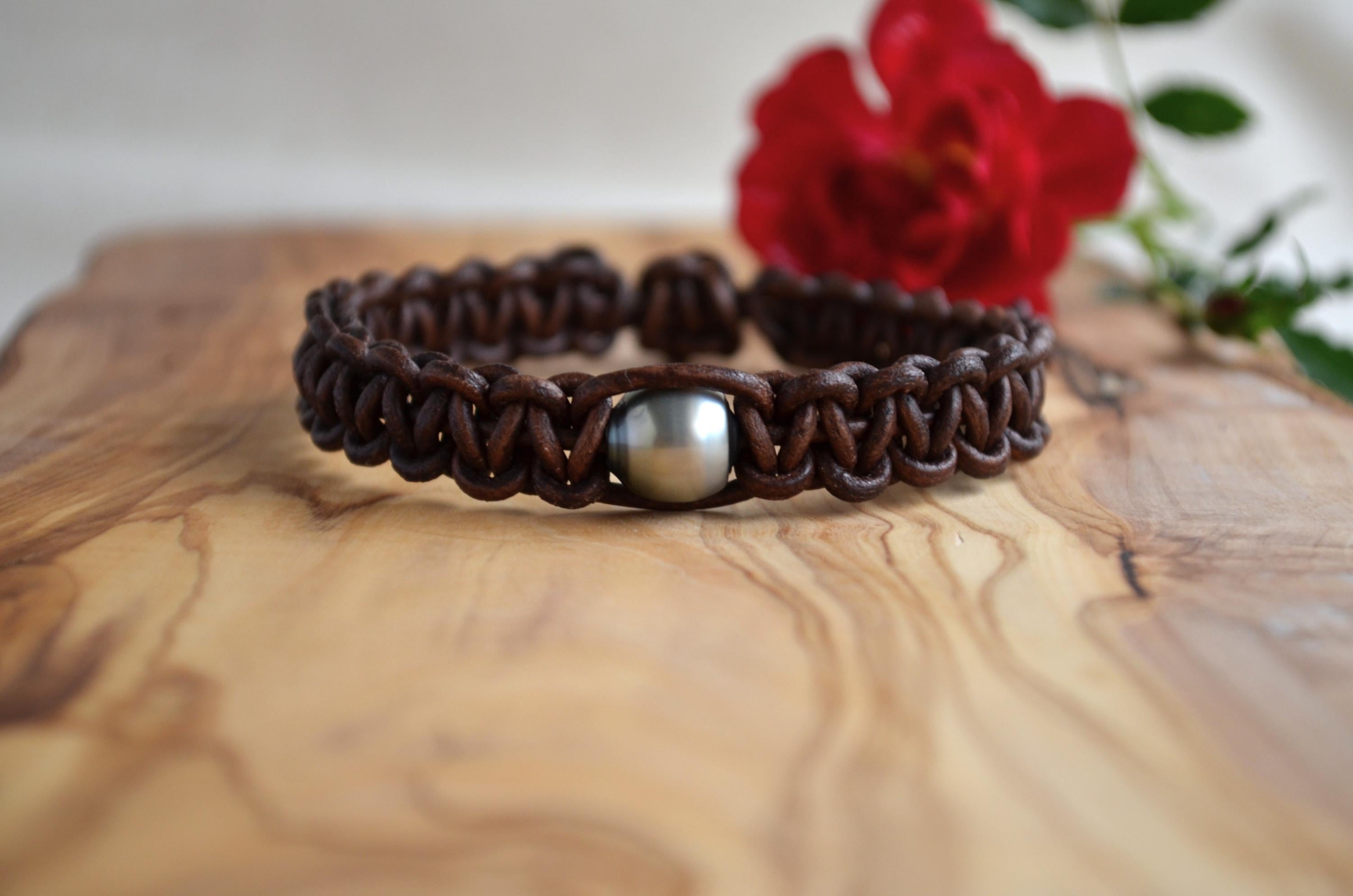 Tahitian Pearl Bracelet, Braided Leather Cuff, Boho Jewelry, Men's Bracelet