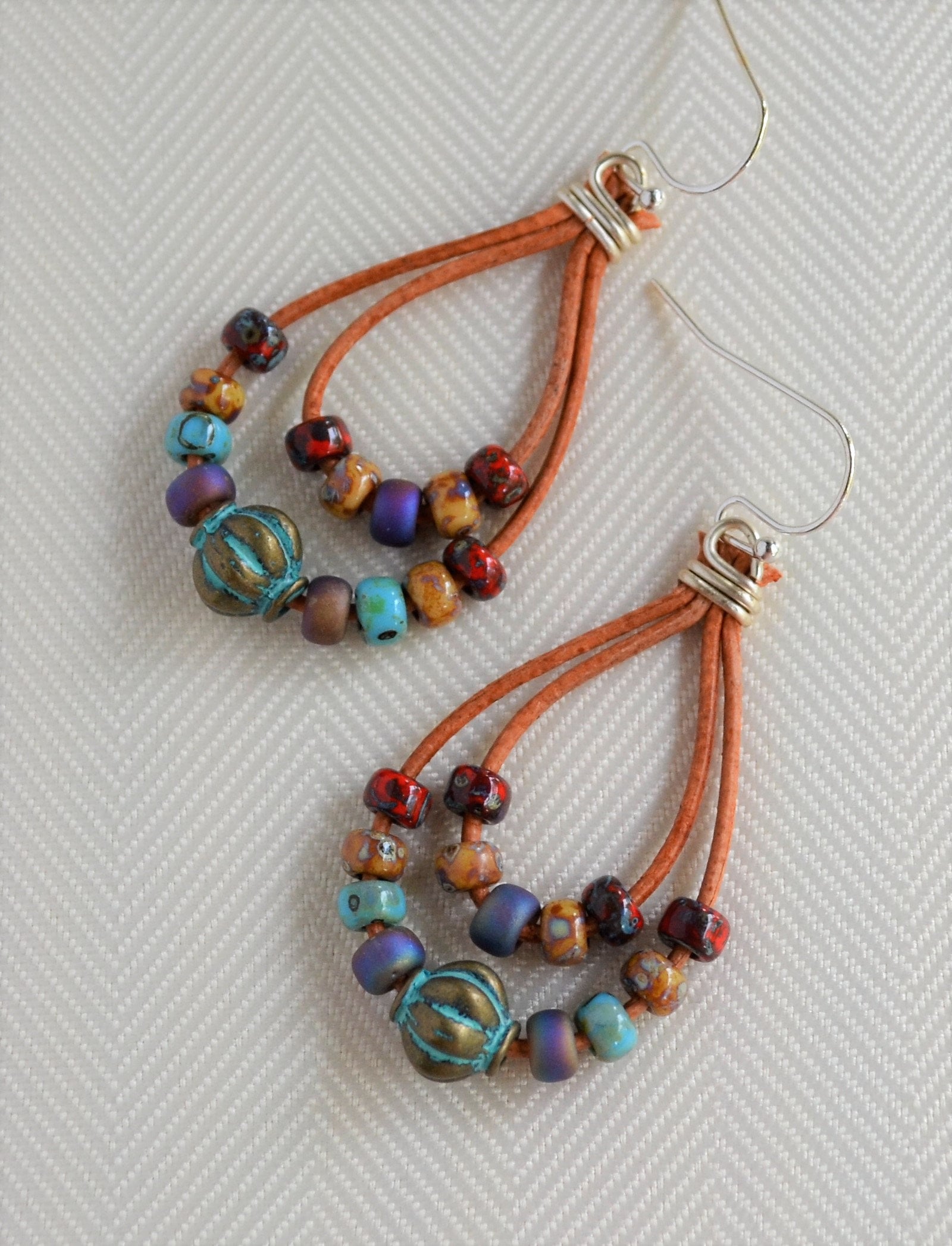 Beaded Leather Earrings, Patina Picasso Beads, Boho Dangle