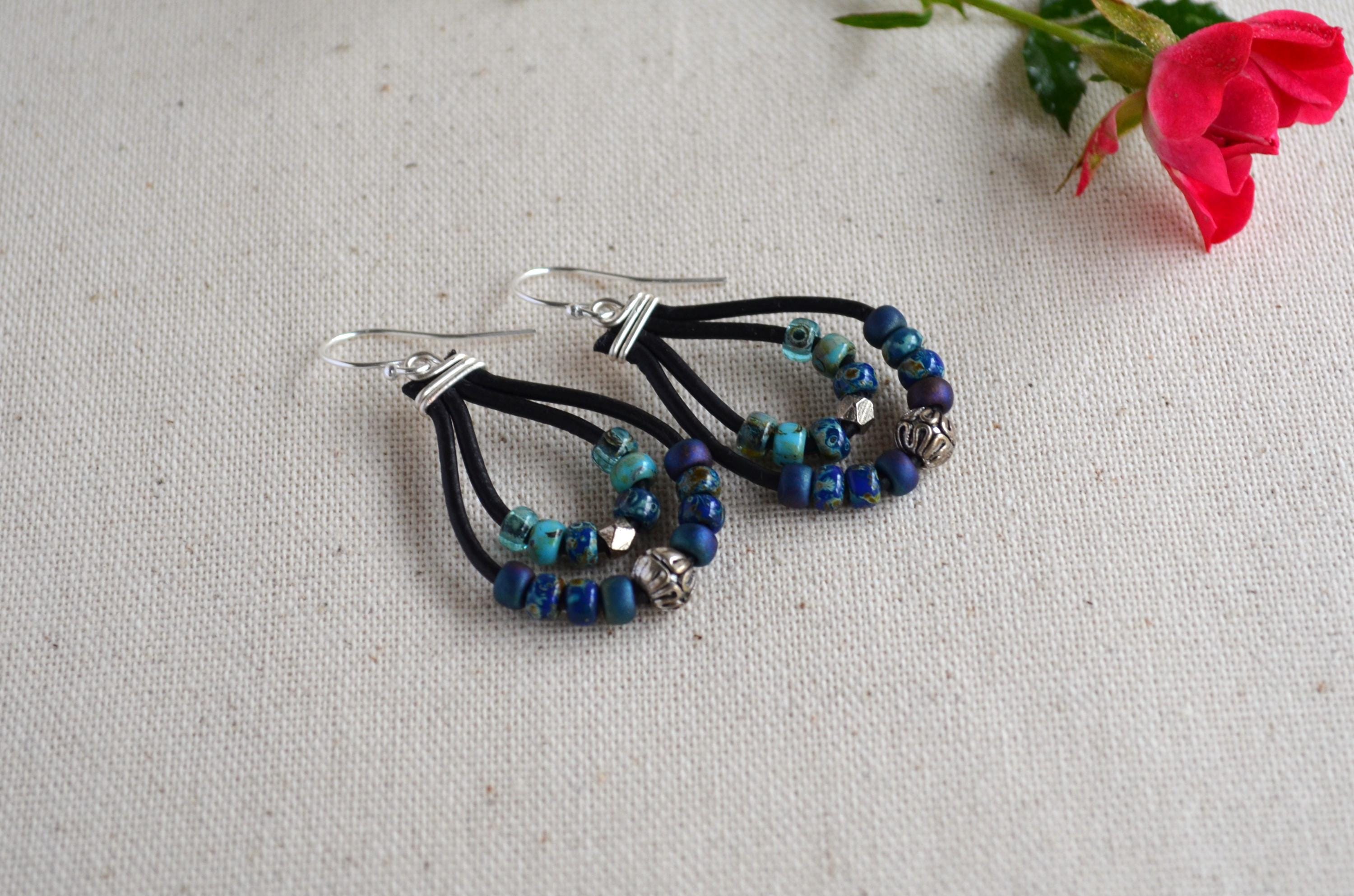 Blue Green Picasso Czech Bead Earrings, Sterling Silver, Leather Cord