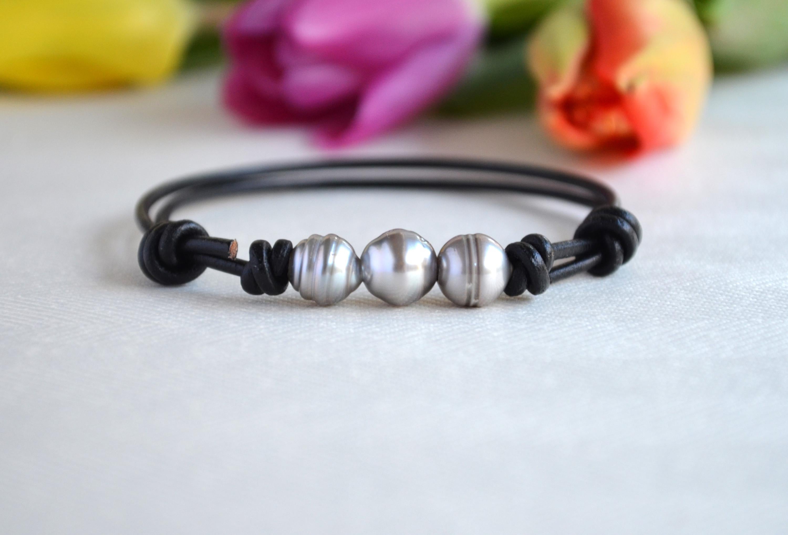 Tahitian Pearl Bracelet: Three Silver Pearls on Black Leather, Adjustable
