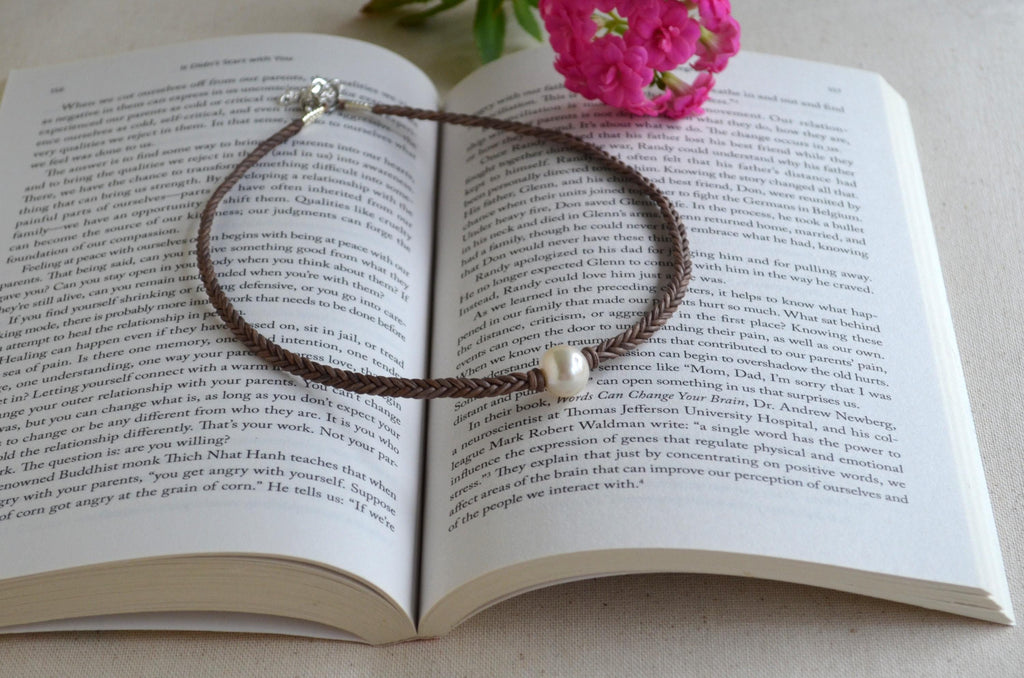 White Edison Pearl Necklace on Braided Leather | 12–13 mm Large Pearl