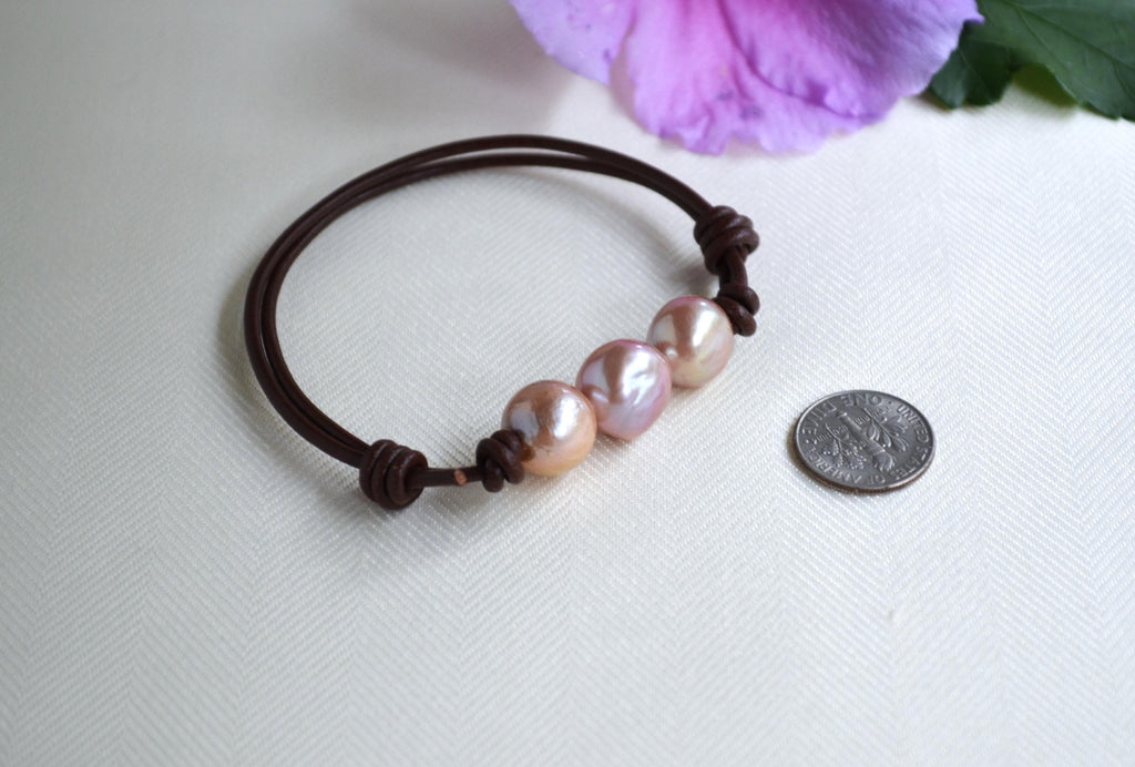 Triple Edison Pearl Leather Bracelet, Adjustable Greek Leather Cord, 11–12mm Real Freshwater Pearls, Multi Tone Minimalist Jewelry Gift