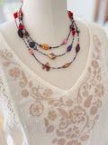 Boho Gemstone Lariat Necklace: Red Coral, Pearl & Abalone