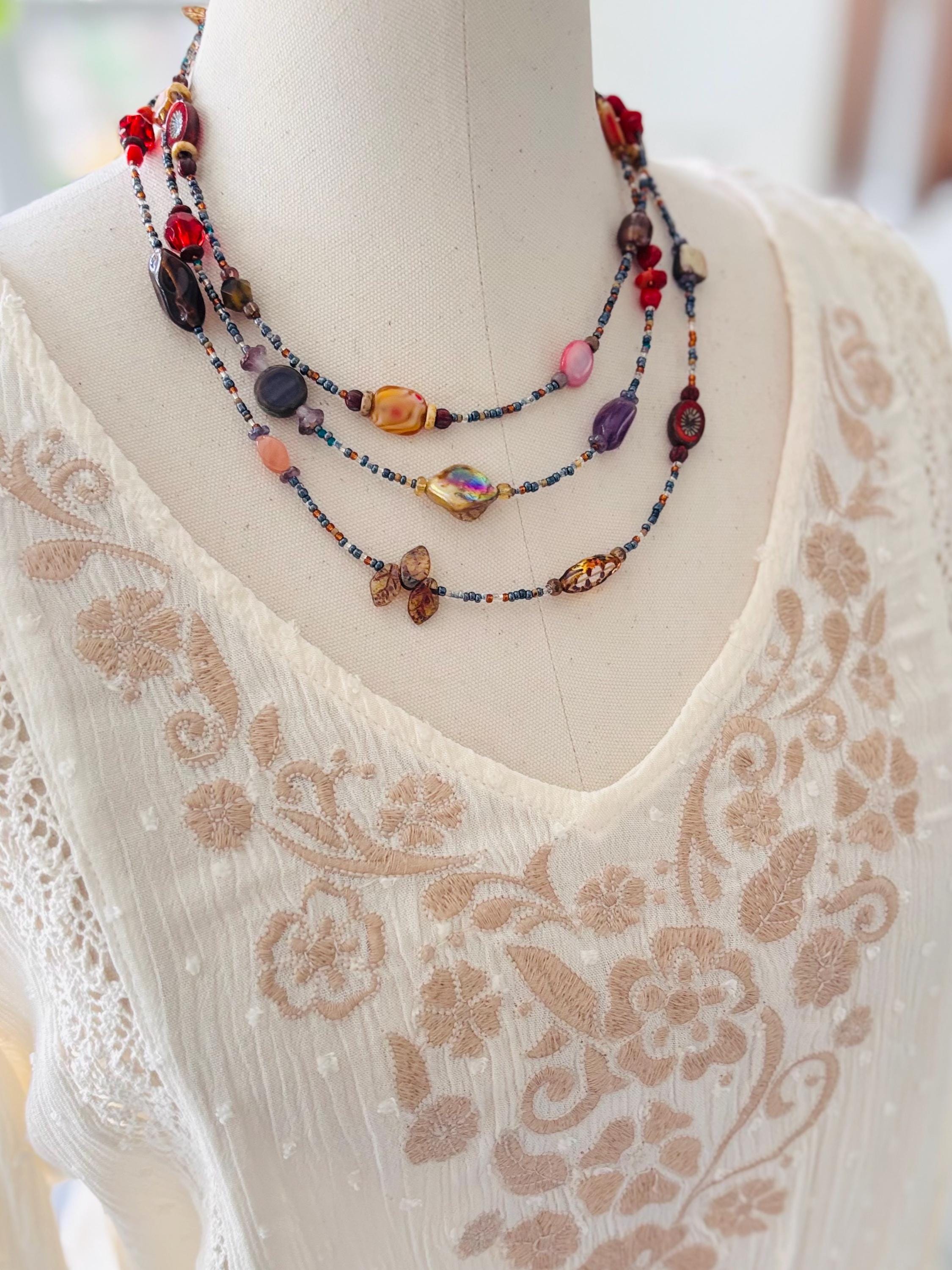 Boho Gemstone Lariat Necklace: Red Coral, Pearl & Abalone