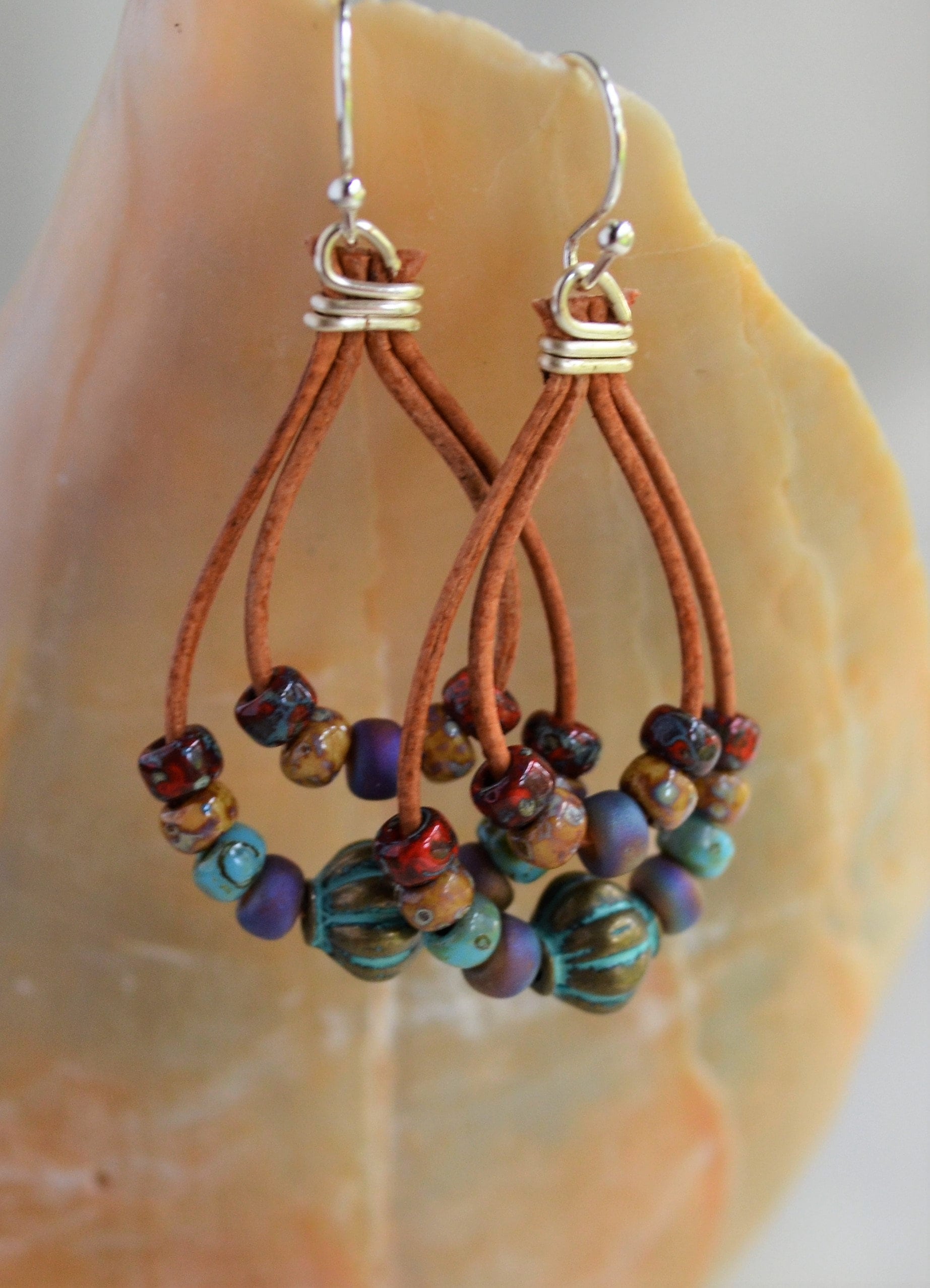 Beaded Leather Earrings, Patina Picasso Beads, Boho Dangle
