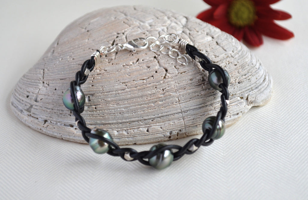 Tahitian Pearl Bracelet: Black Leather Boho Cuff